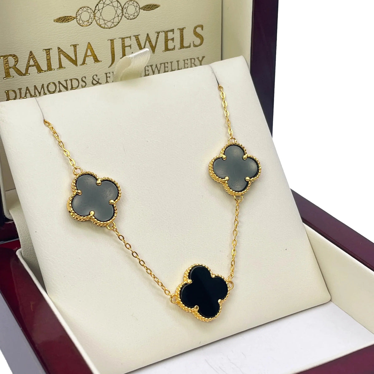 22ct Yellow Gold Black Onyx Clover Necklace 18 Inches  Diamond Bracelets