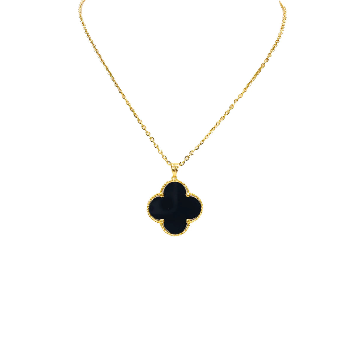 22ct Yellow Gold Black Onyx Or Mother Of Pearl Clover Pendant & Chain Necklace 18''inches 