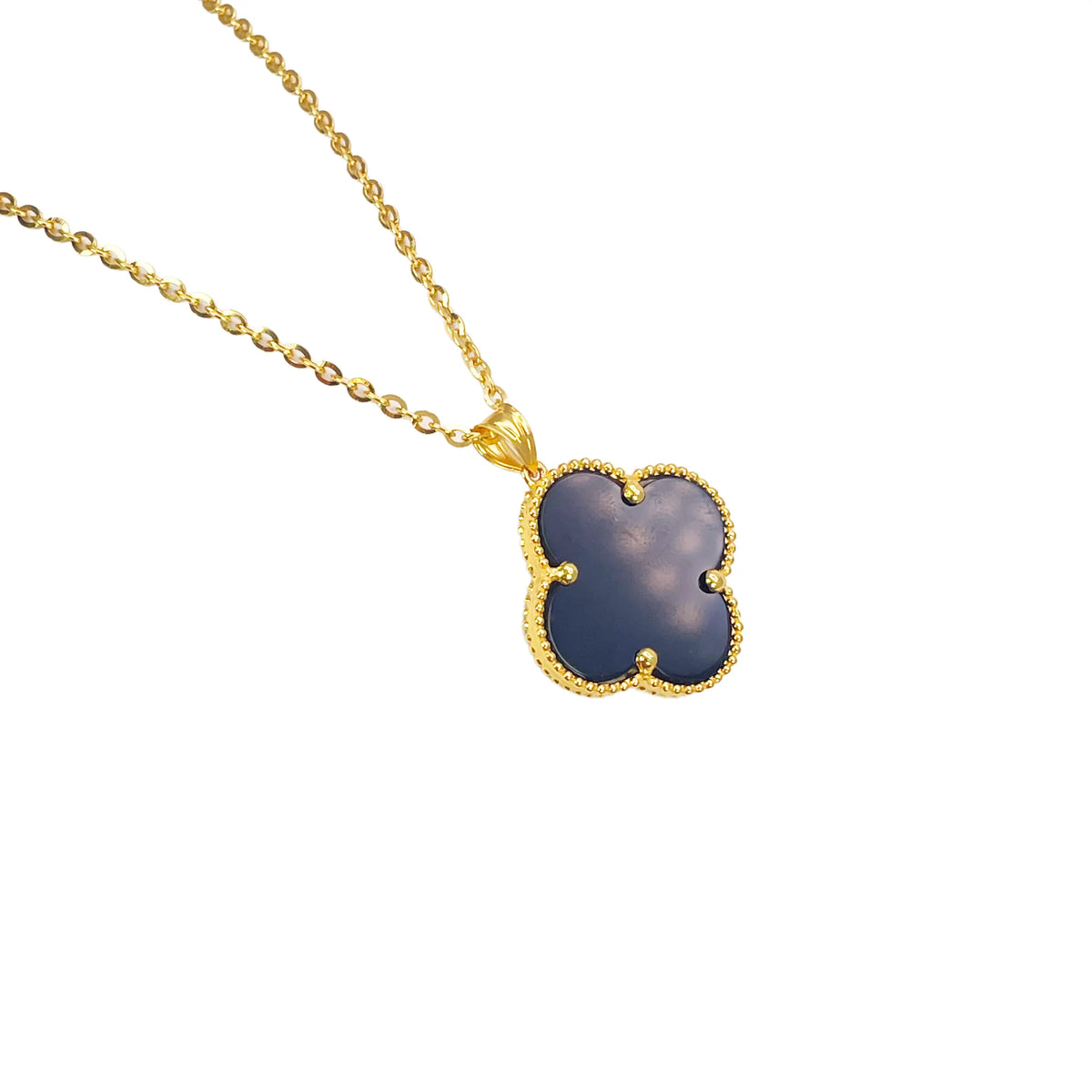 22ct Yellow Gold Black Onyx Or Mother Of Pearl Clover Pendant & Chain Necklace 18''inches 