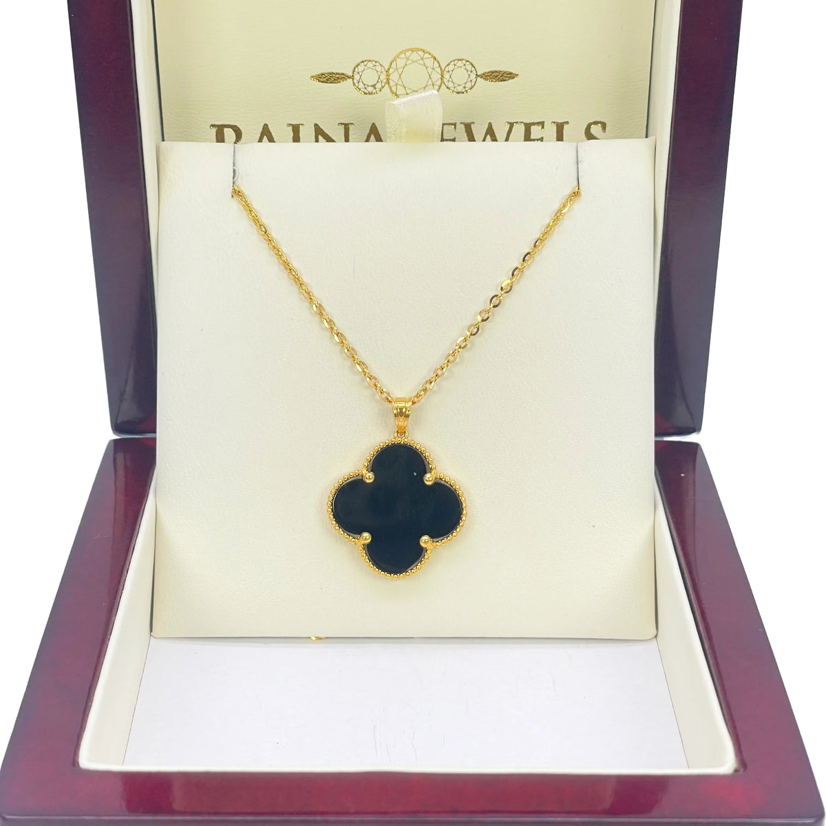 22ct Yellow Gold Black Onyx Or Mother Of Pearl Clover Pendant & Chain Necklace 18''inches 