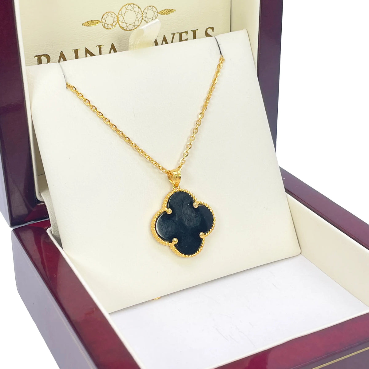 22ct Yellow Gold Black Onyx Or Mother Of Pearl Clover Pendant & Chain Necklace 18''inches 