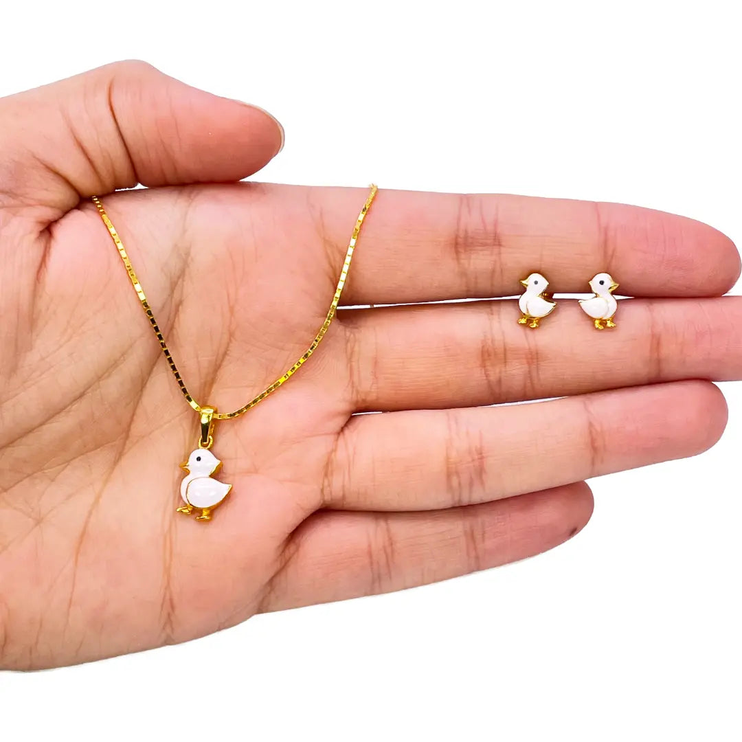 22ct Yellow Gold Children Duck Pendant, Necklace and Earrings Set 13 inches 