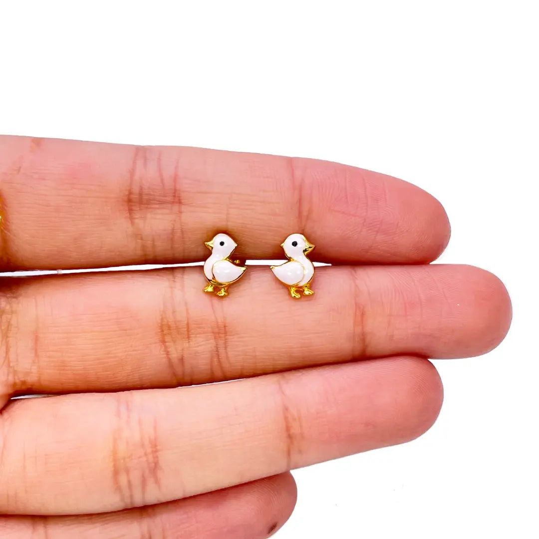 22ct Yellow Gold Children Duck Pendant, Necklace and Earrings Set 13 inches 
