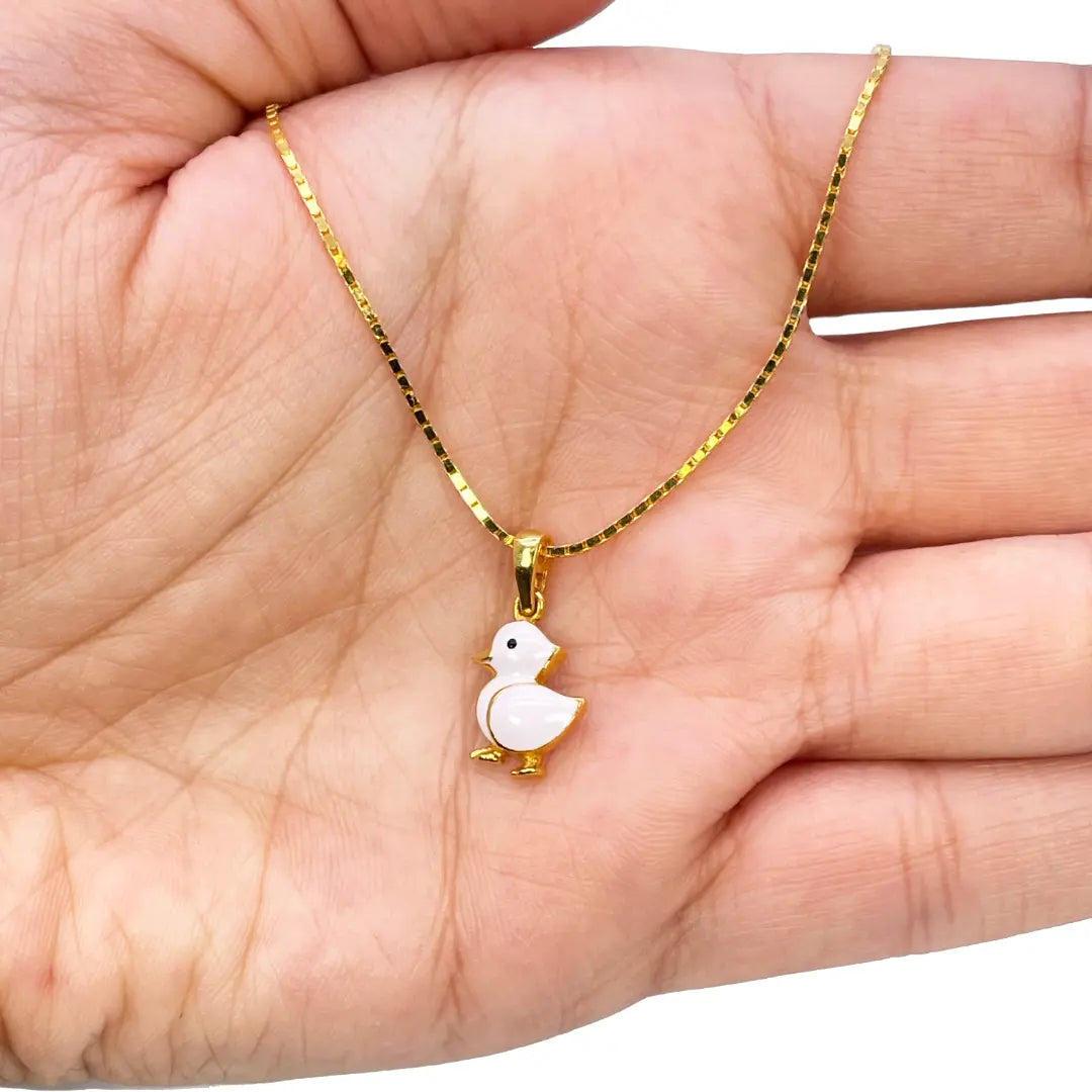 22ct Yellow Gold Children Duck Pendant, Necklace and Earrings Set 13 inches 
