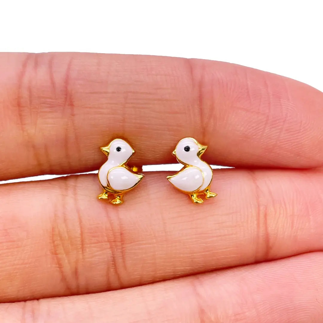 22ct Yellow Gold Children Duck Pendant, Necklace and Earrings Set 13 inches 