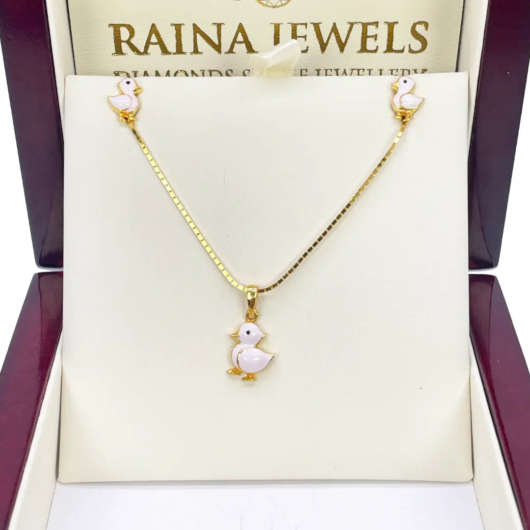 22ct Yellow Gold Children Duck Pendant, Necklace and Earrings Set 13 inches 