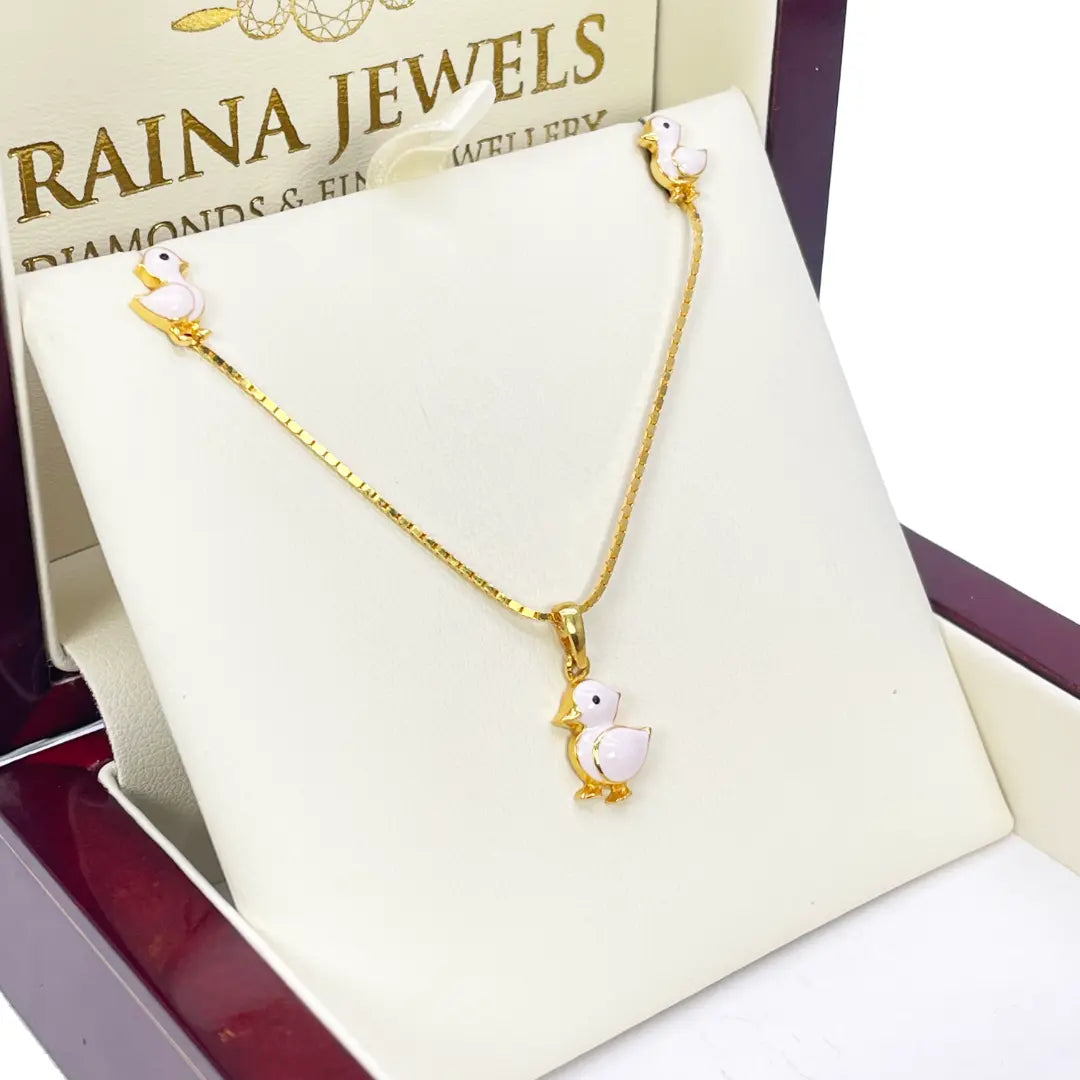 22ct Yellow Gold Children Duck Pendant, Necklace and Earrings Set 13 inches 