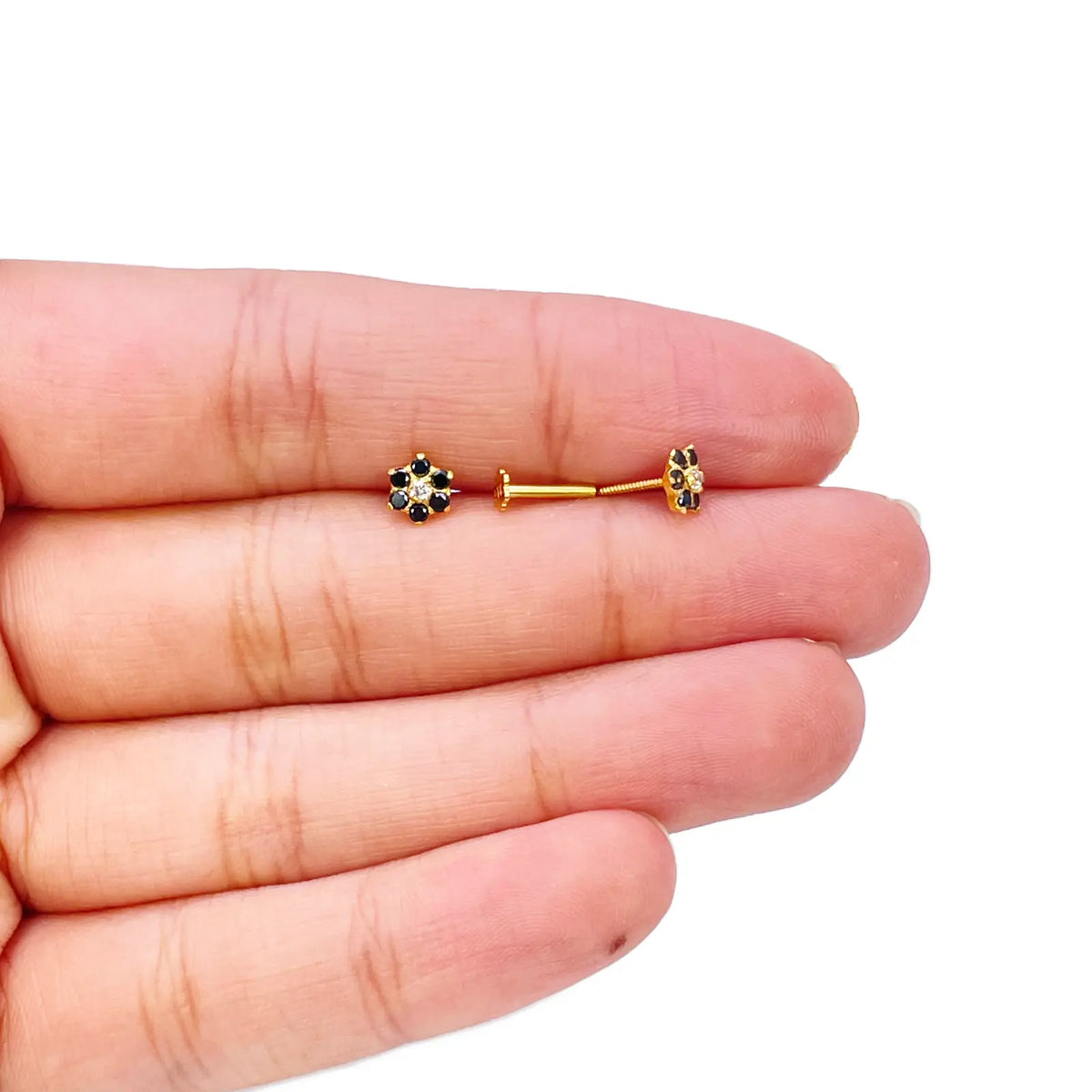 22ct Yellow Gold Children's Black Cubic Zirconia Floral Stud Earrings 5mm 