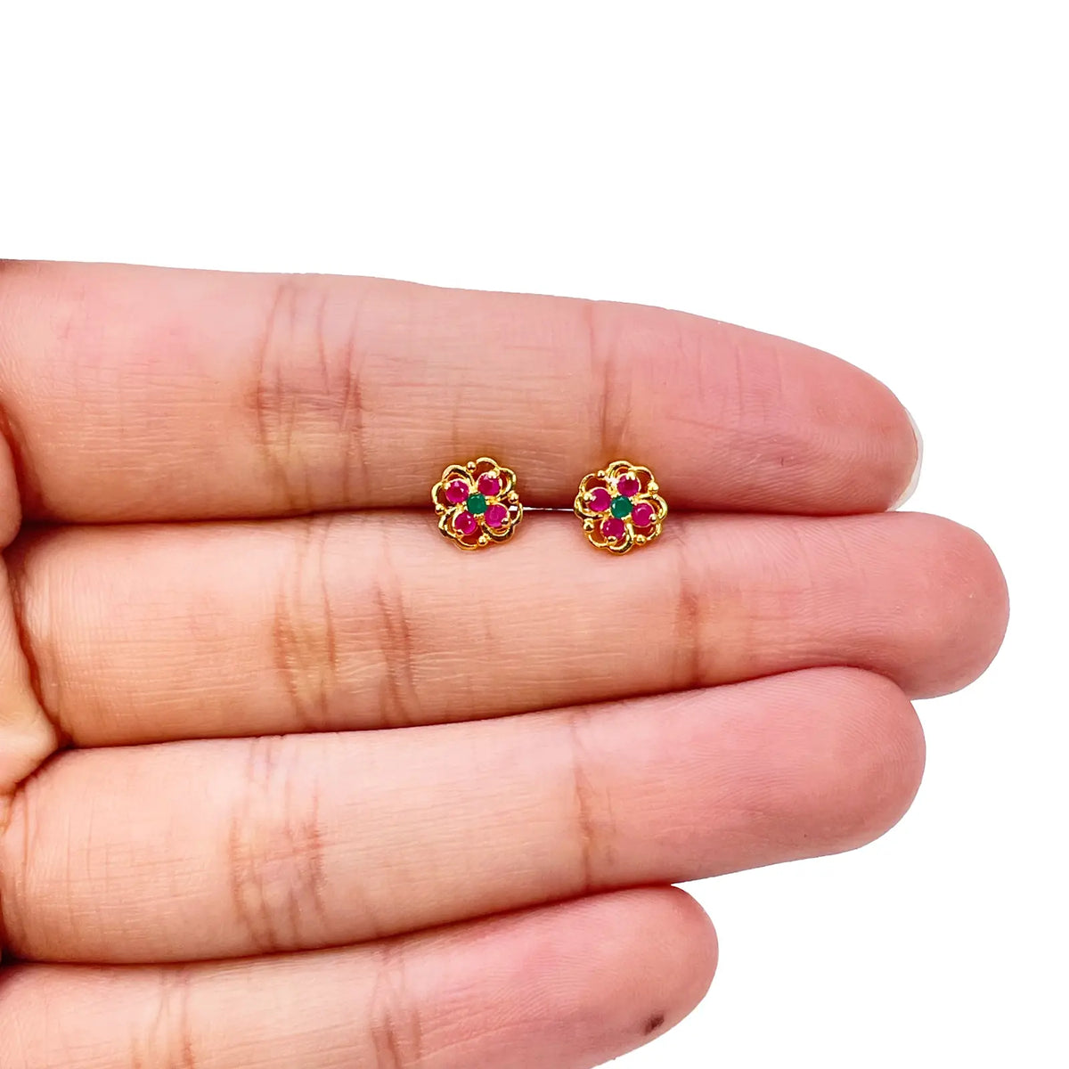 22ct Yellow Gold Children's Flower Shaped Small Gemstone Stud Earrings 