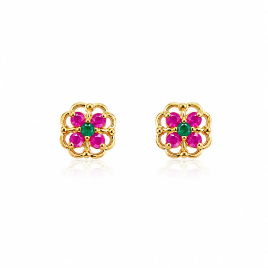 22ct Yellow Gold Children's Flower Shaped Small Gemstone Stud Earrings  Children's gold earring