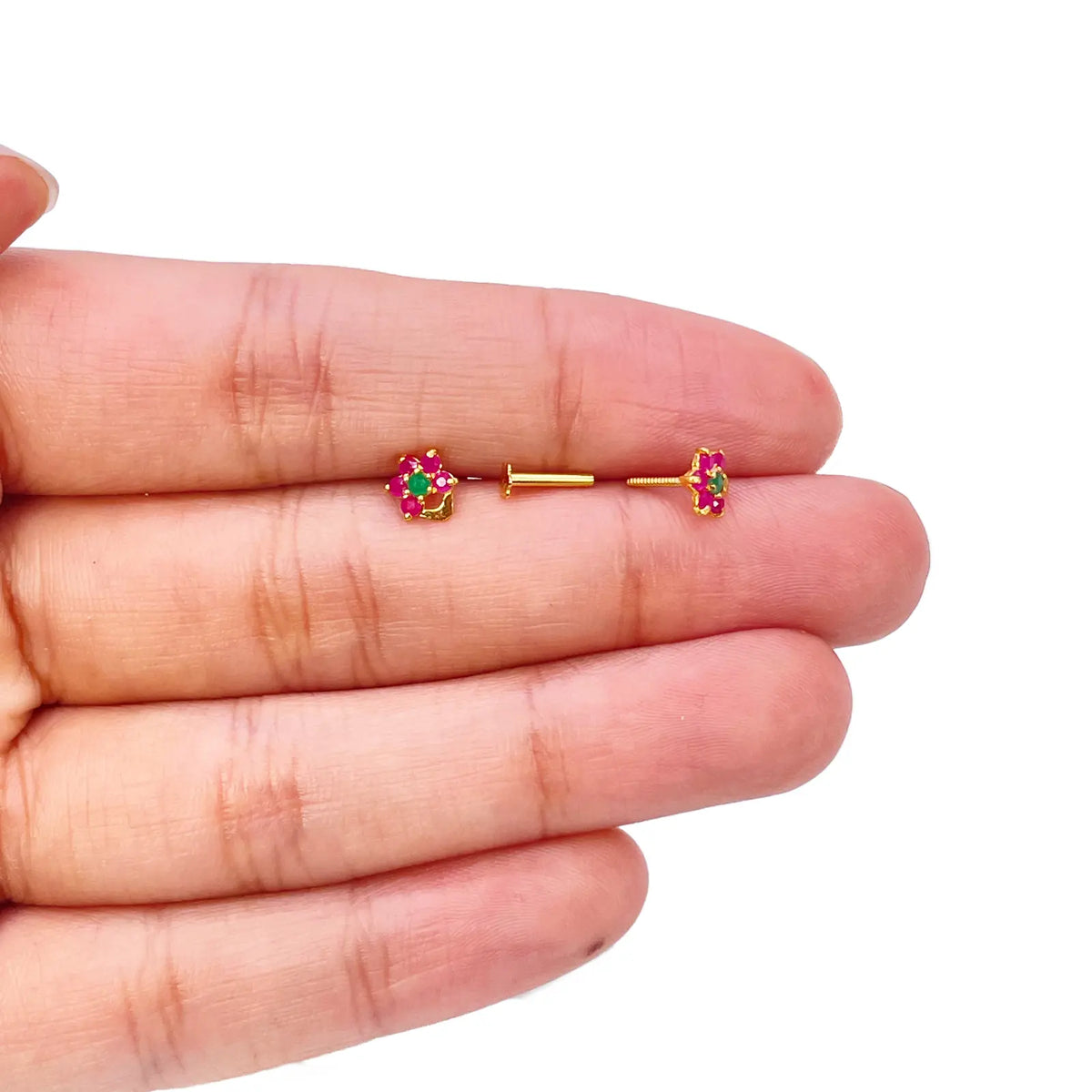 22ct Yellow Gold Children's Half Flower Shaped Small Gemstone Stud Earrings 