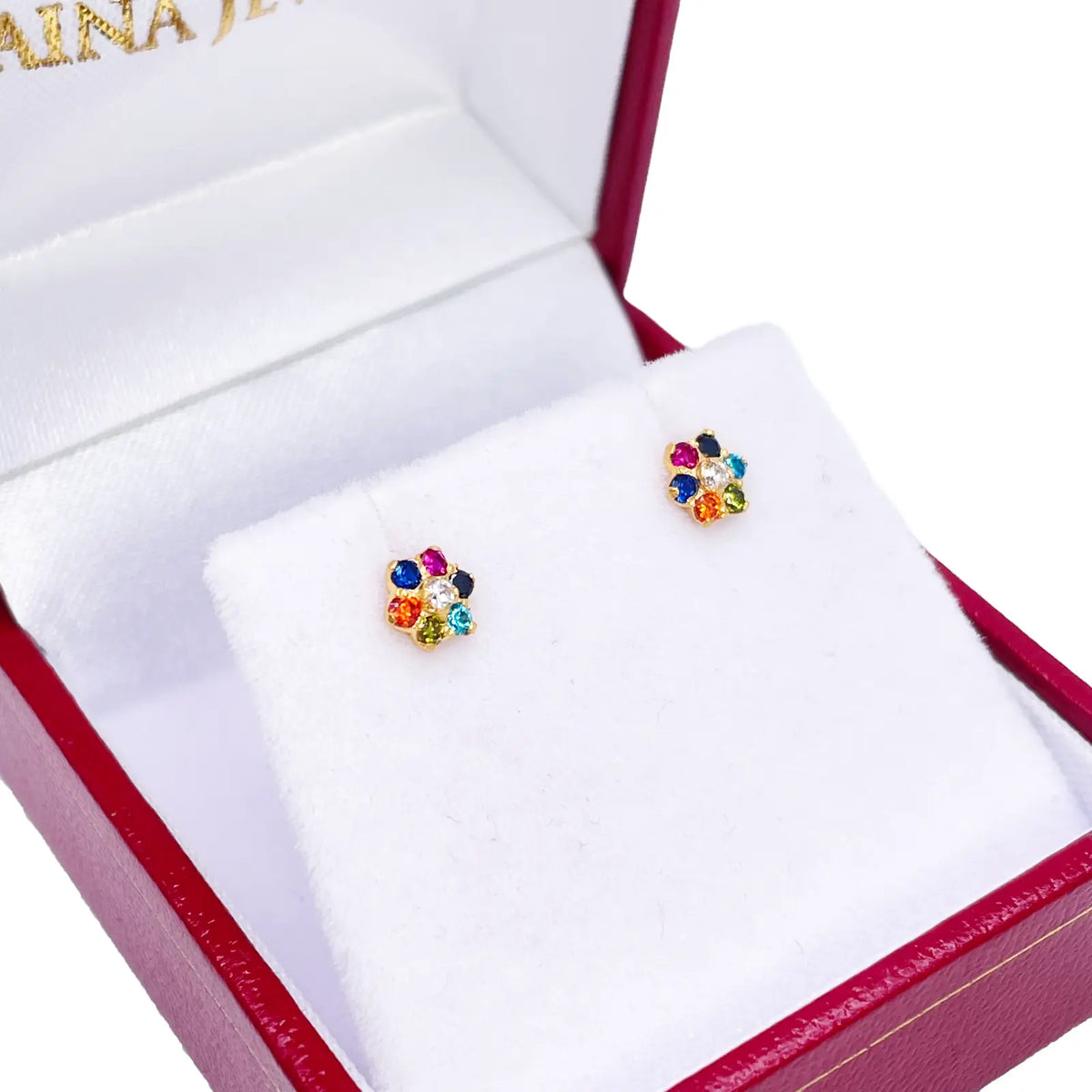 22ct Yellow Gold Children's Multicoloured Cubic Zirconia Floral Stud Earrings 5mm 