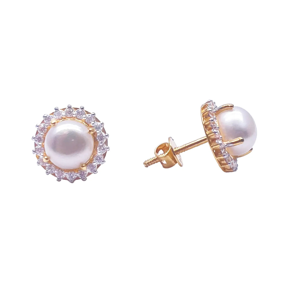 22ct Yellow Gold Claw Set Freshwater Pearl & Cubic Zirconia Pair Stud Earrings 