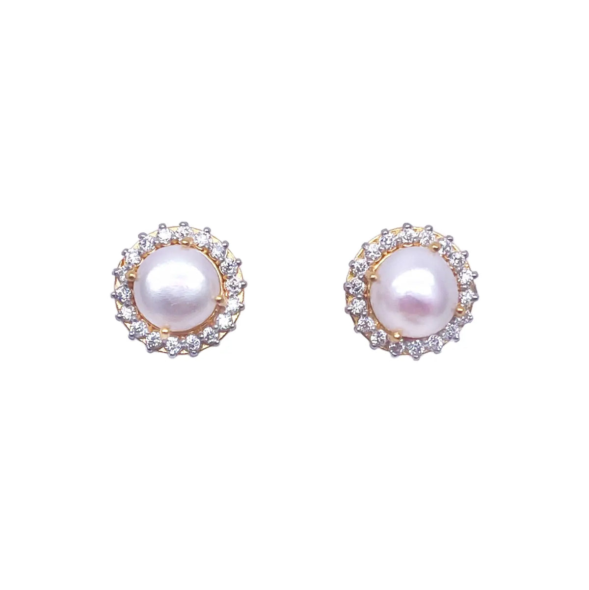 22ct Yellow Gold Claw Set Freshwater Pearl & Cubic Zirconia Pair Stud Earrings 