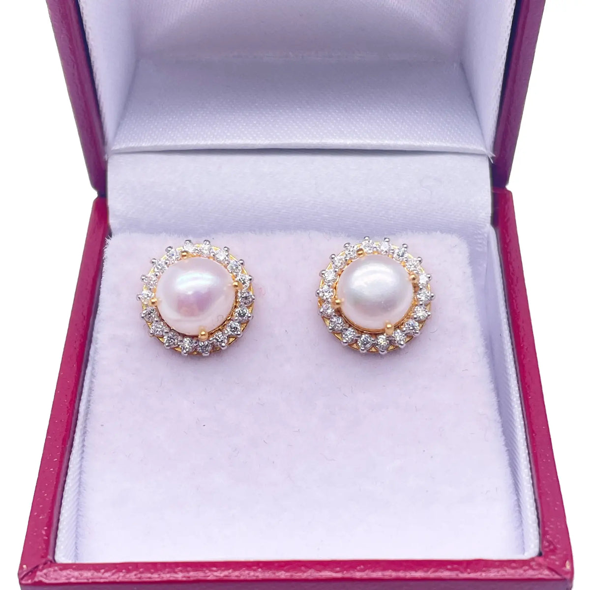 22ct Yellow Gold Claw Set Freshwater Pearl & Cubic Zirconia Pair Stud Earrings 