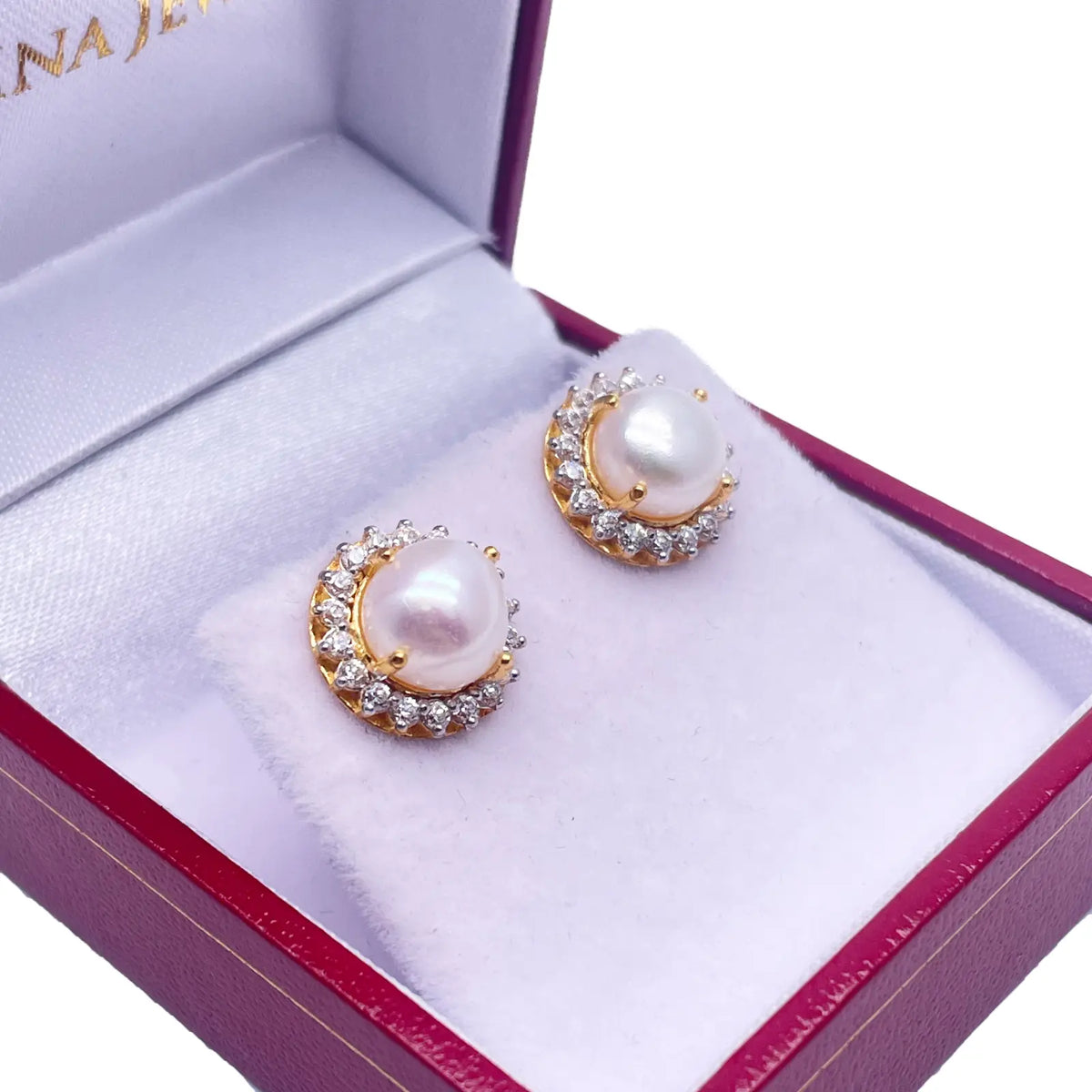 22ct Yellow Gold Claw Set Freshwater Pearl & Cubic Zirconia Pair Stud Earrings 
