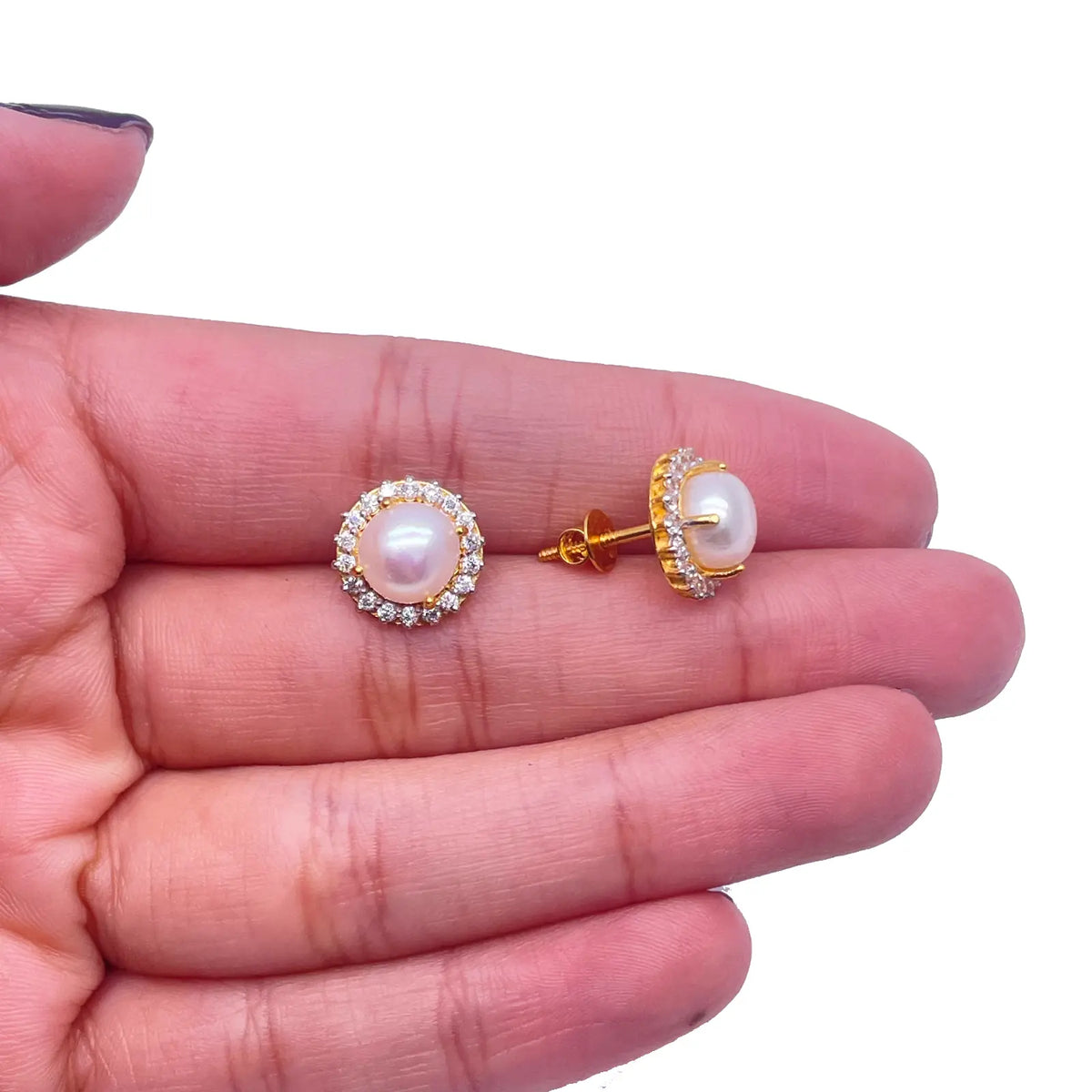 22ct Yellow Gold Claw Set Freshwater Pearl & Cubic Zirconia Pair Stud Earrings 