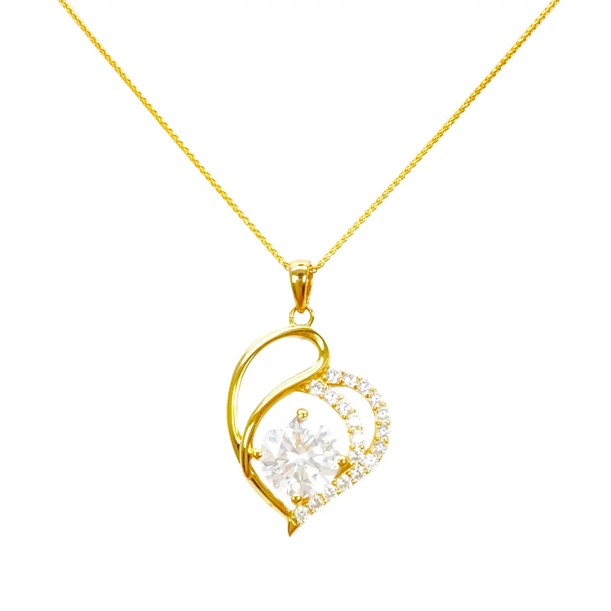 22ct Yellow Gold Cubic Zirconia 4-Claw Prong Pave Heart Pendant & Chain (29x17mm) 