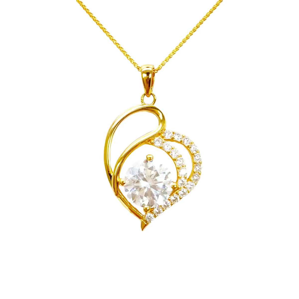 22ct Yellow Gold Cubic Zirconia 4-Claw Prong Pave Heart Pendant & Chain (29x17mm) 
