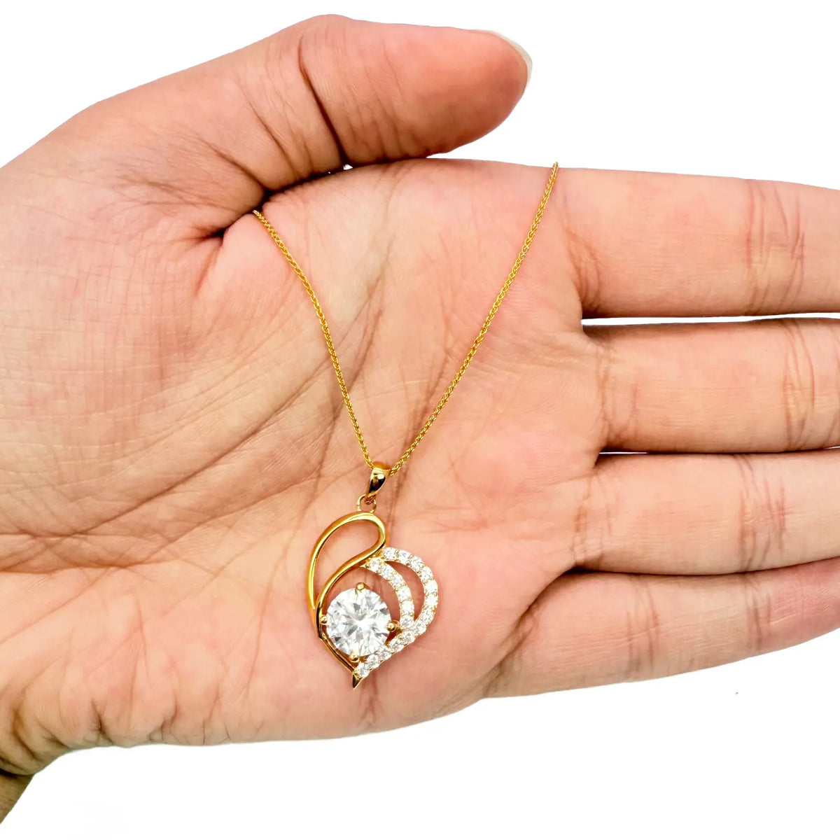 22ct Yellow Gold Cubic Zirconia 4-Claw Prong Pave Heart Pendant & Chain (29x17mm) 