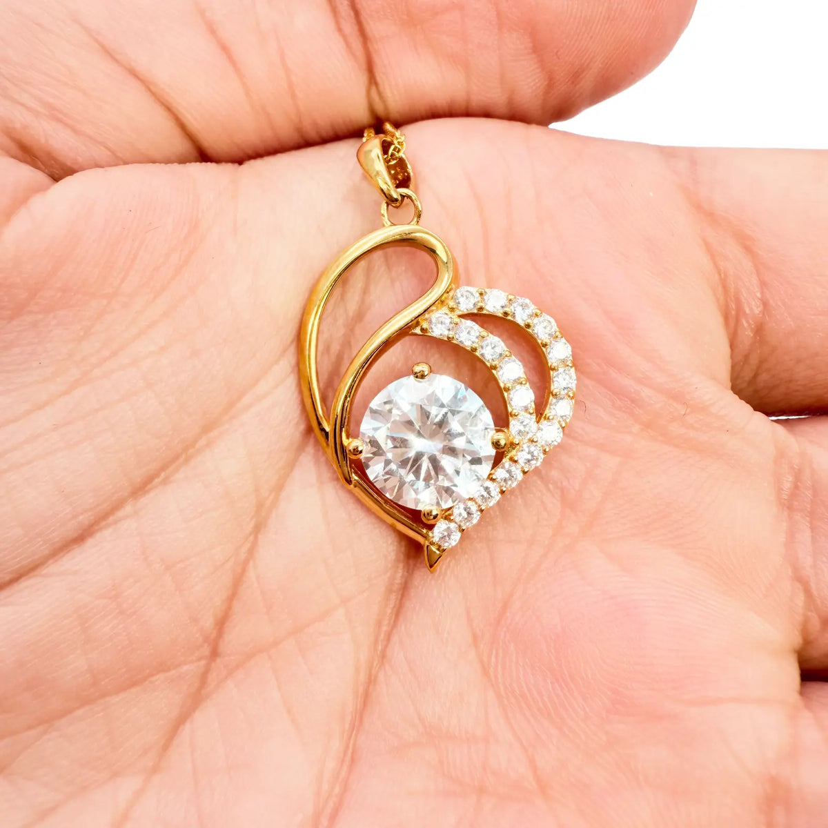 22ct Yellow Gold Cubic Zirconia 4-Claw Prong Pave Heart Pendant & Chain (29x17mm) 