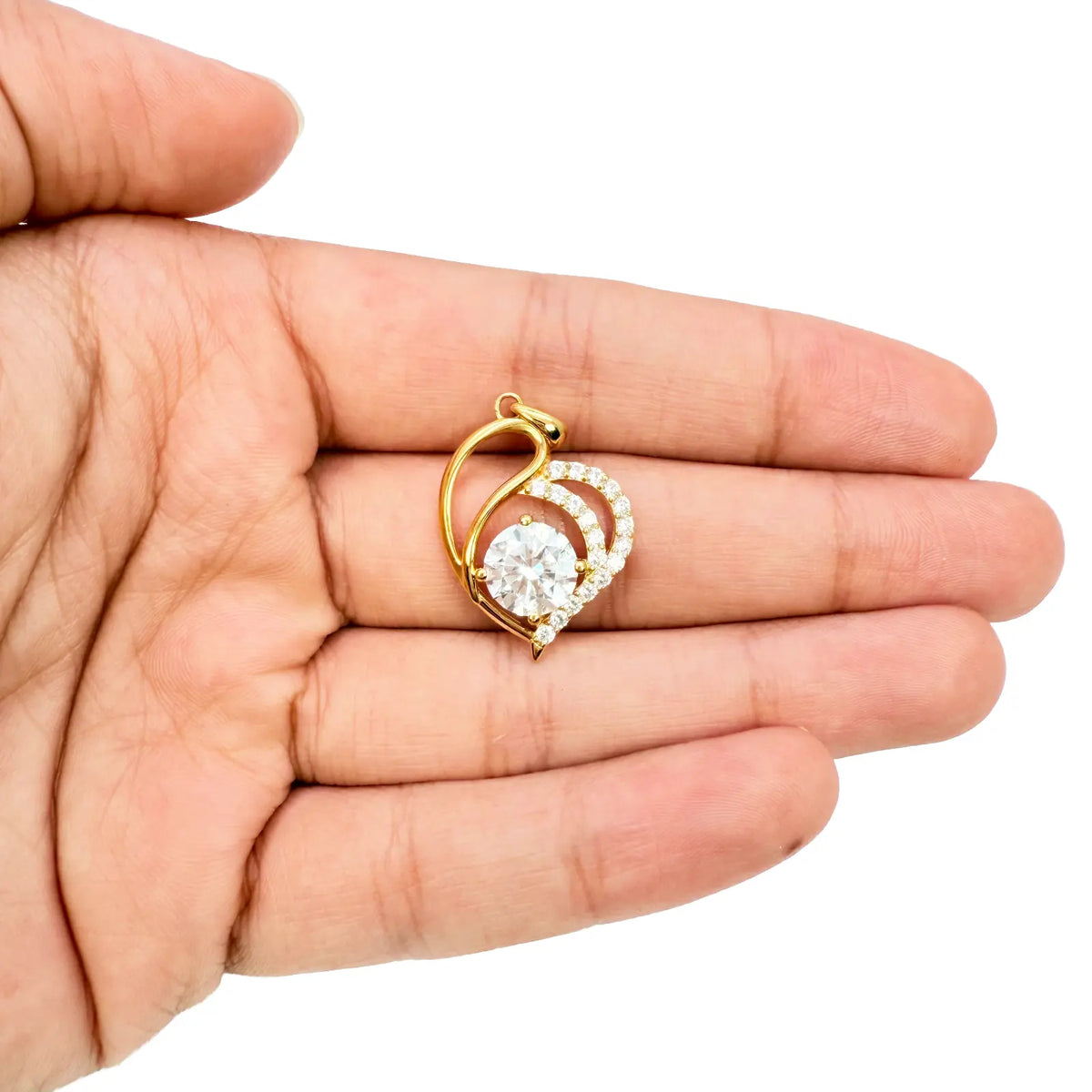 22ct Yellow Gold Cubic Zirconia 4-Claw Prong Pave Heart Pendant & Chain (29x17mm) 