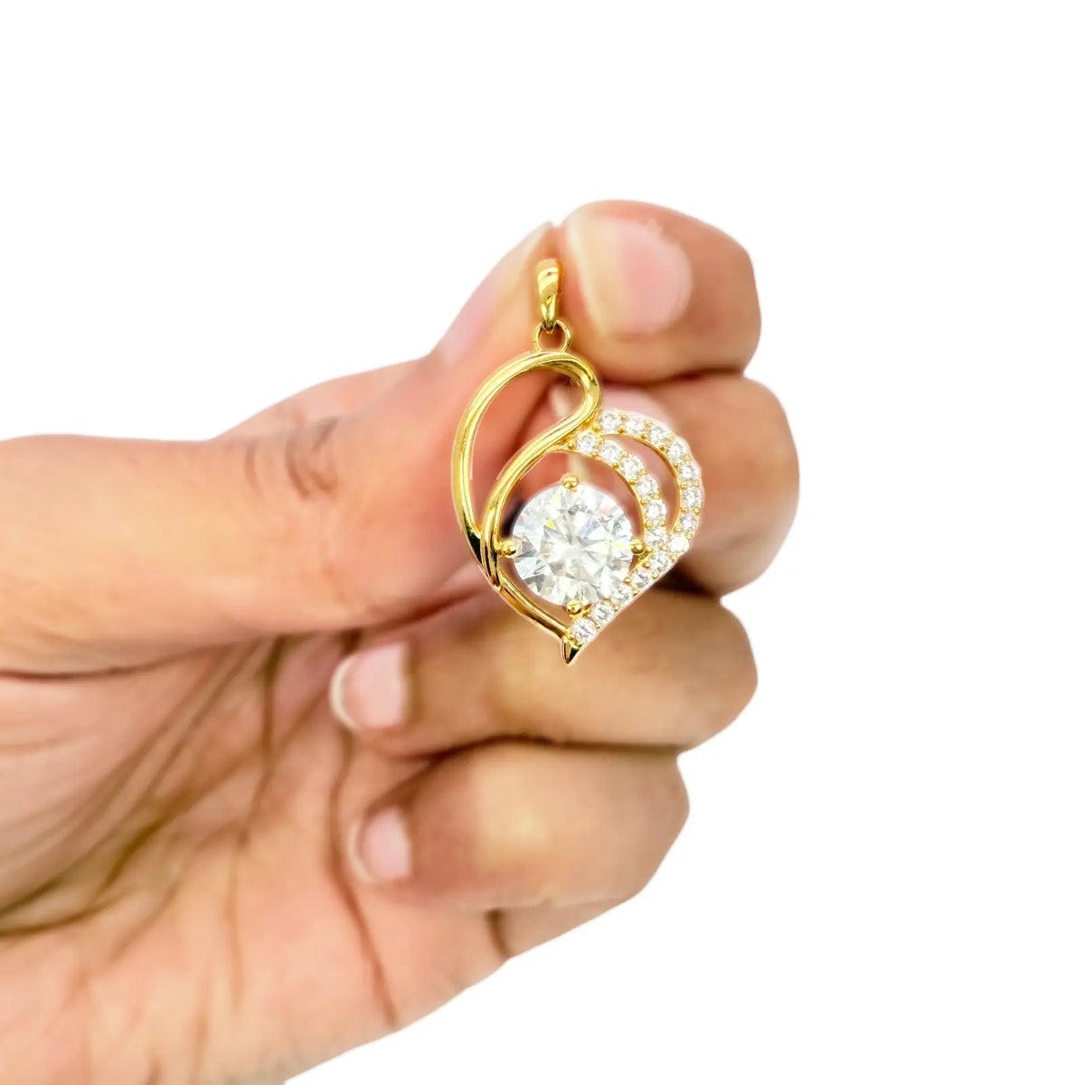 22ct Yellow Gold Cubic Zirconia 4-Claw Prong Pave Heart Pendant & Chain (29x17mm) 