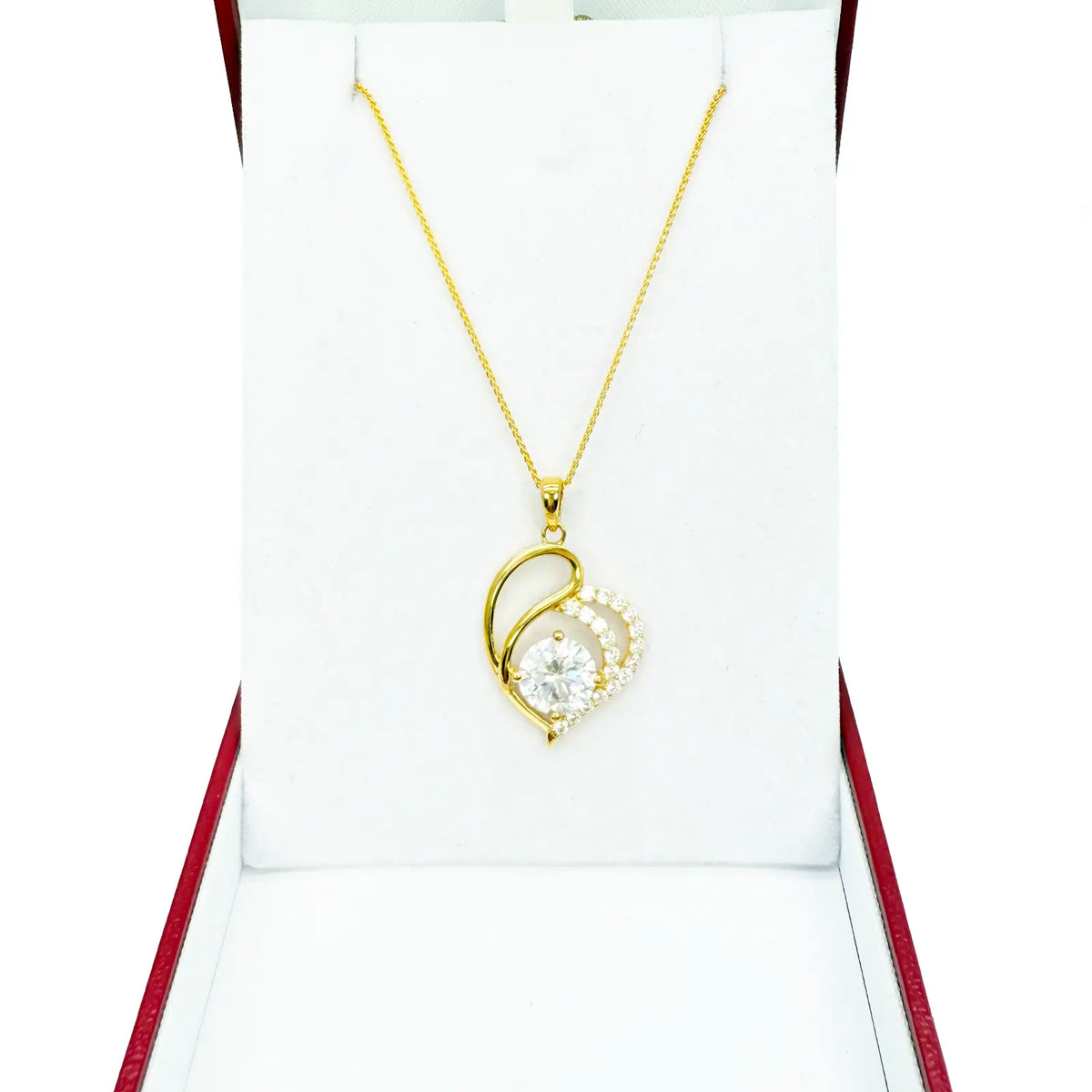 22ct Yellow Gold Cubic Zirconia 4-Claw Prong Pave Heart Pendant & Chain (29x17mm) 