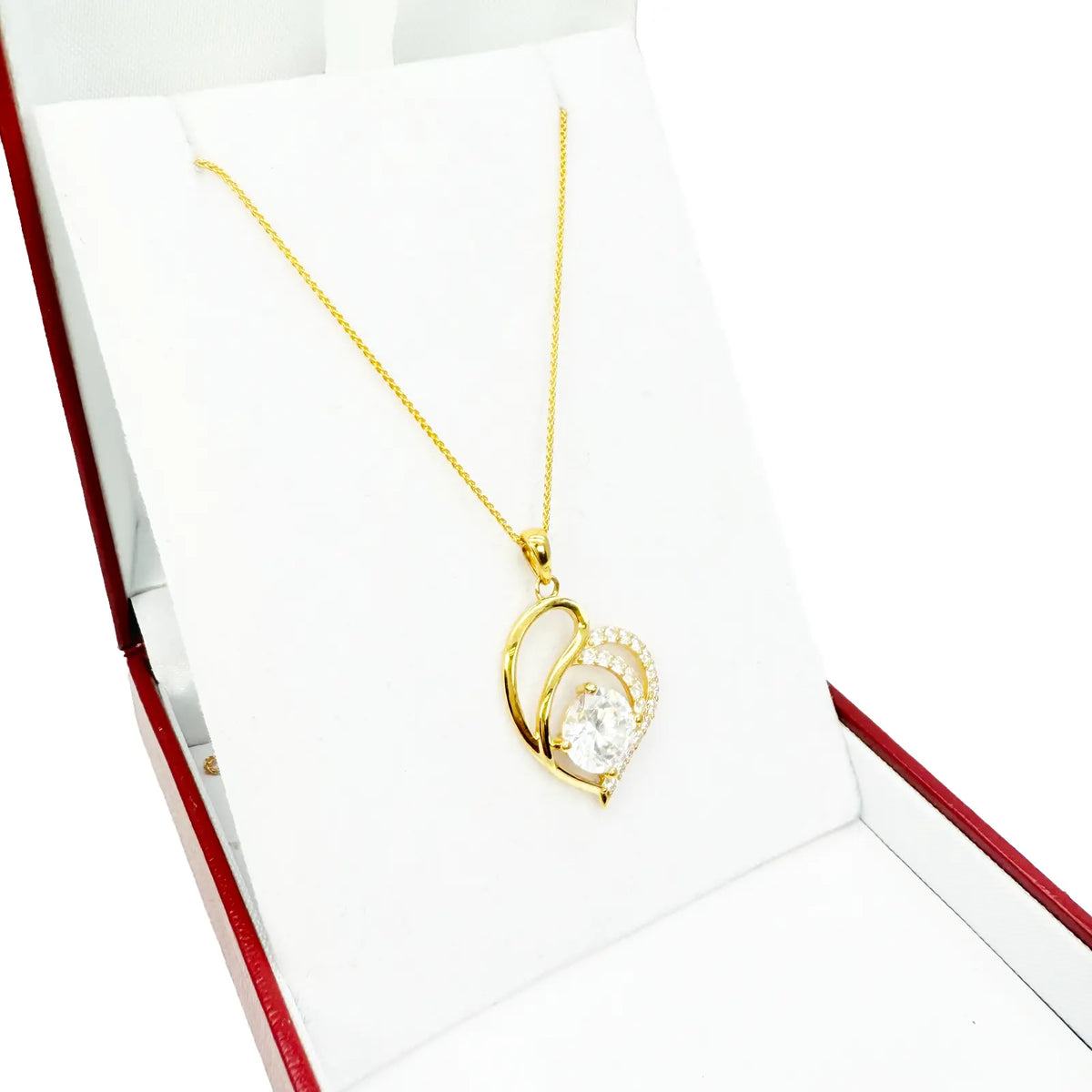 22ct Yellow Gold Cubic Zirconia 4-Claw Prong Pave Heart Pendant & Chain (29x17mm) 