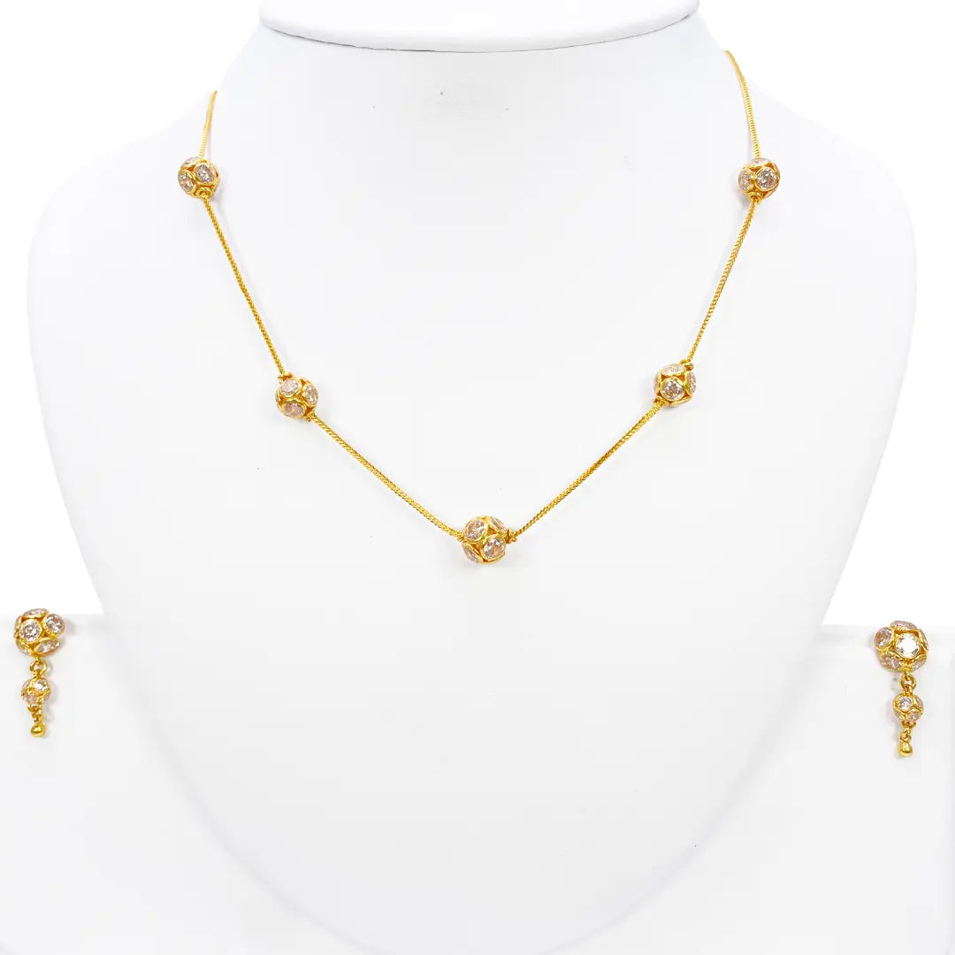 22ct Yellow Gold Cubic Zirconia Five Sparkly Beaded Necklace and Matching Beaded Drop Earrings 