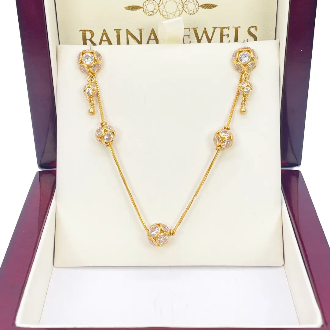 22ct Yellow Gold Cubic Zirconia Five Sparkly Beaded Necklace and Matching Beaded Drop Earrings 