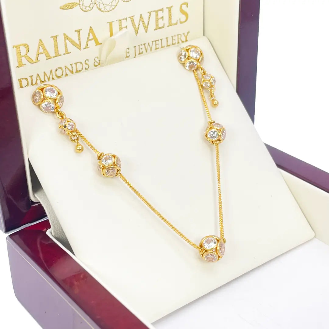 22ct Yellow Gold Cubic Zirconia Five Sparkly Beaded Necklace and Matching Beaded Drop Earrings 