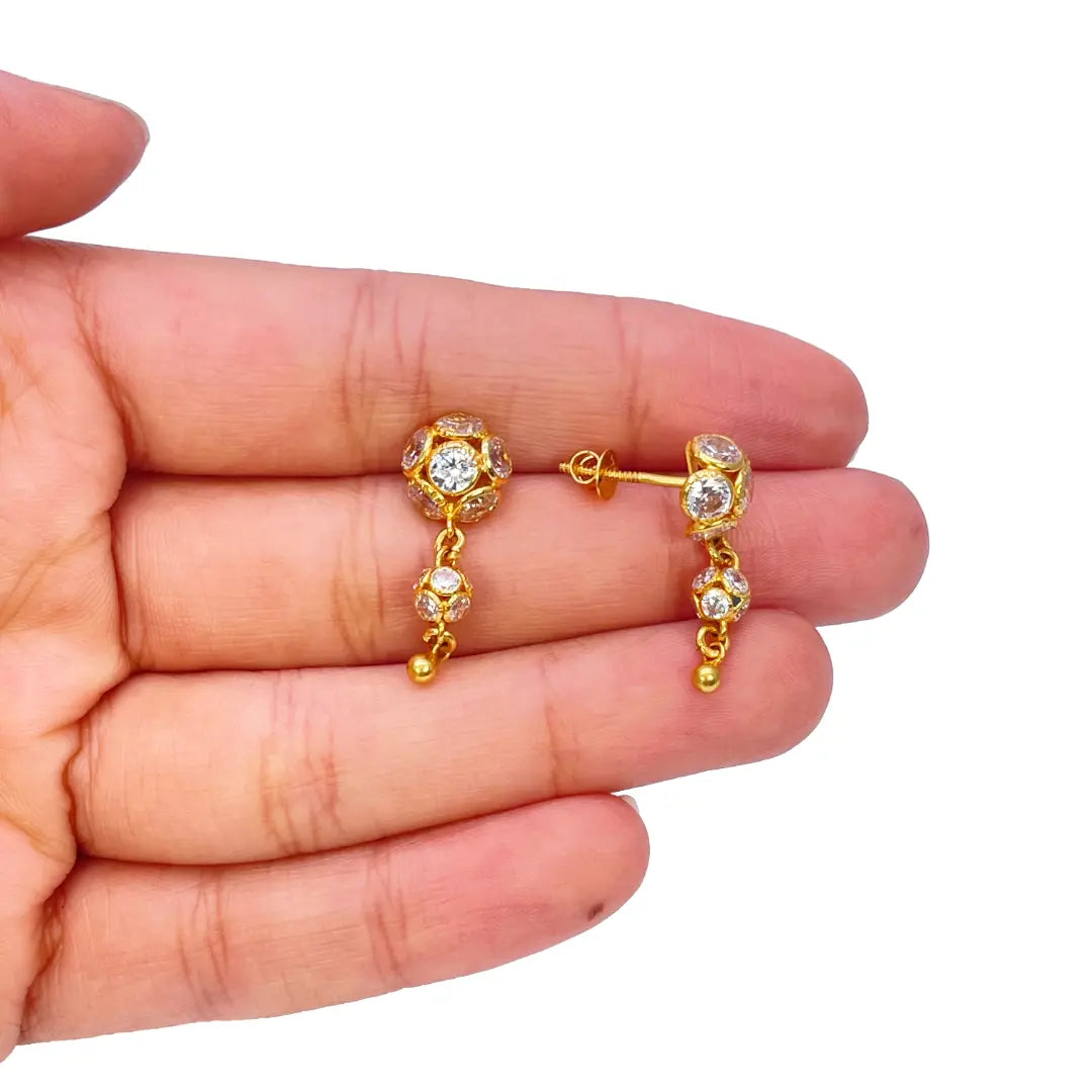 22ct Yellow Gold Cubic Zirconia Five Sparkly Beaded Necklace and Matching Beaded Drop Earrings 