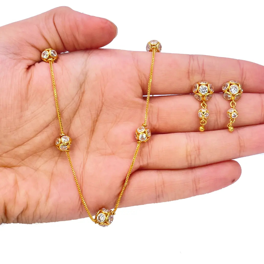 22ct Yellow Gold Cubic Zirconia Five Sparkly Beaded Necklace and Matching Beaded Drop Earrings 