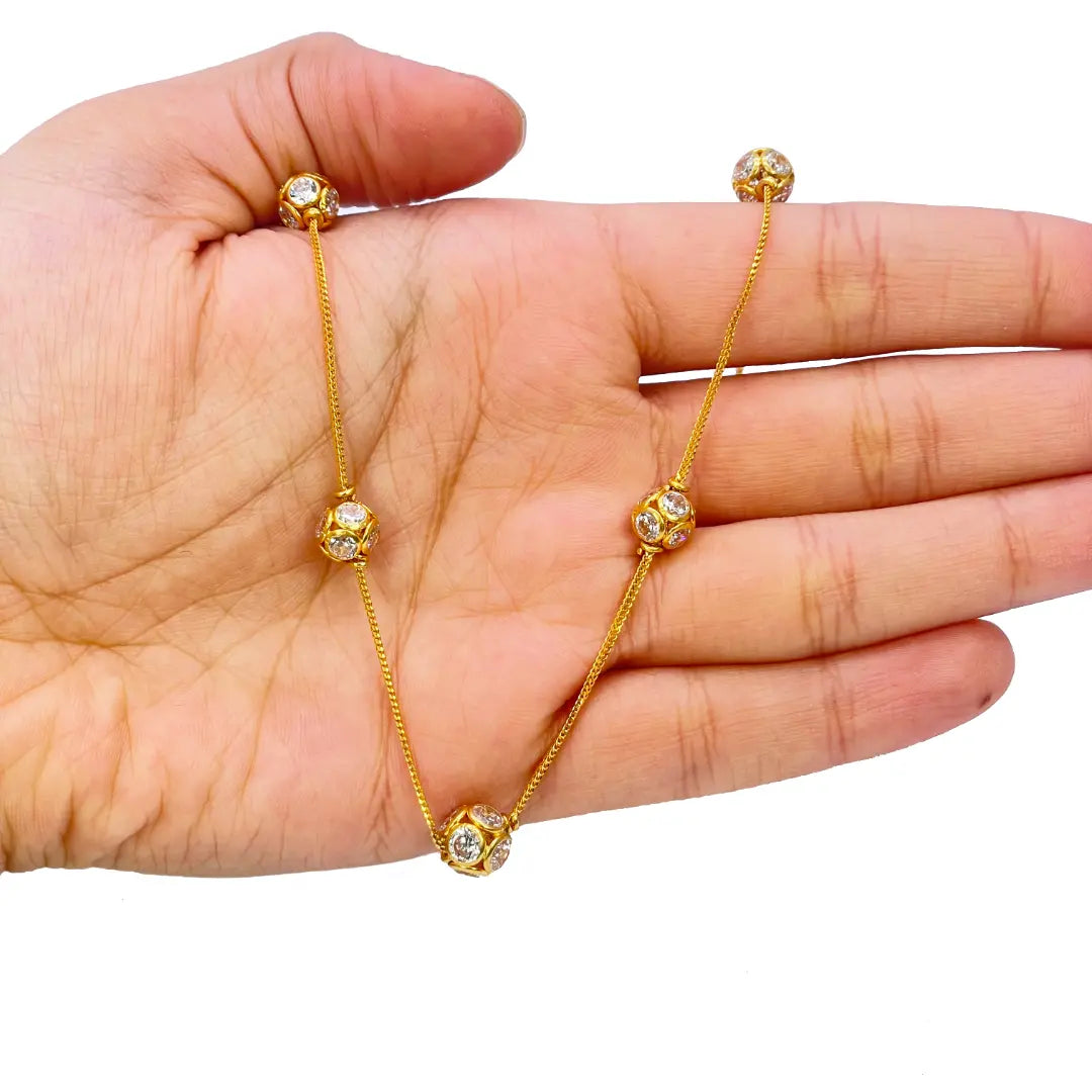 22ct Yellow Gold Cubic Zirconia Five Sparkly Beaded Necklace and Matching Beaded Drop Earrings 