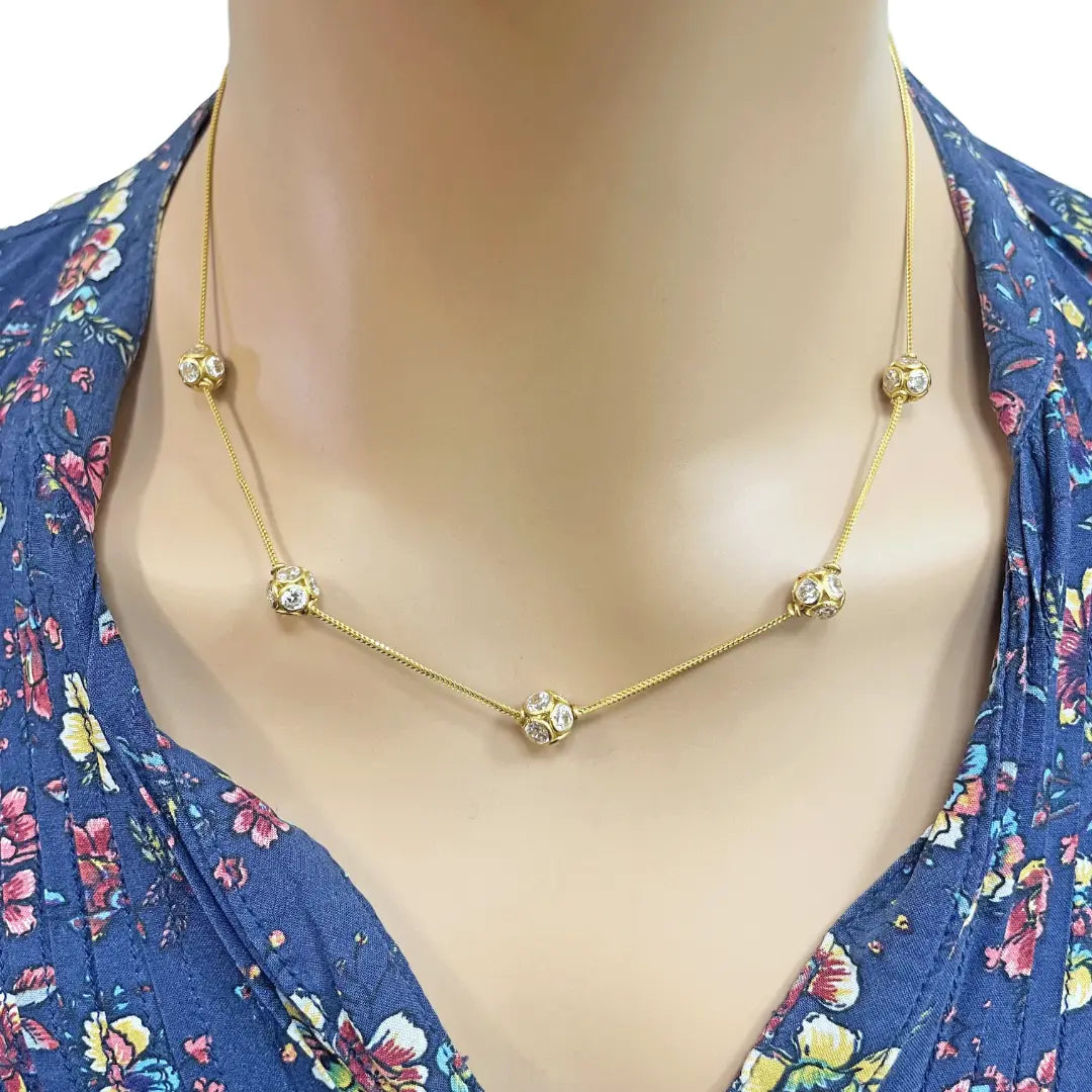 22ct Yellow Gold Cubic Zirconia Five Sparkly Beaded Necklace and Matching Beaded Drop Earrings 