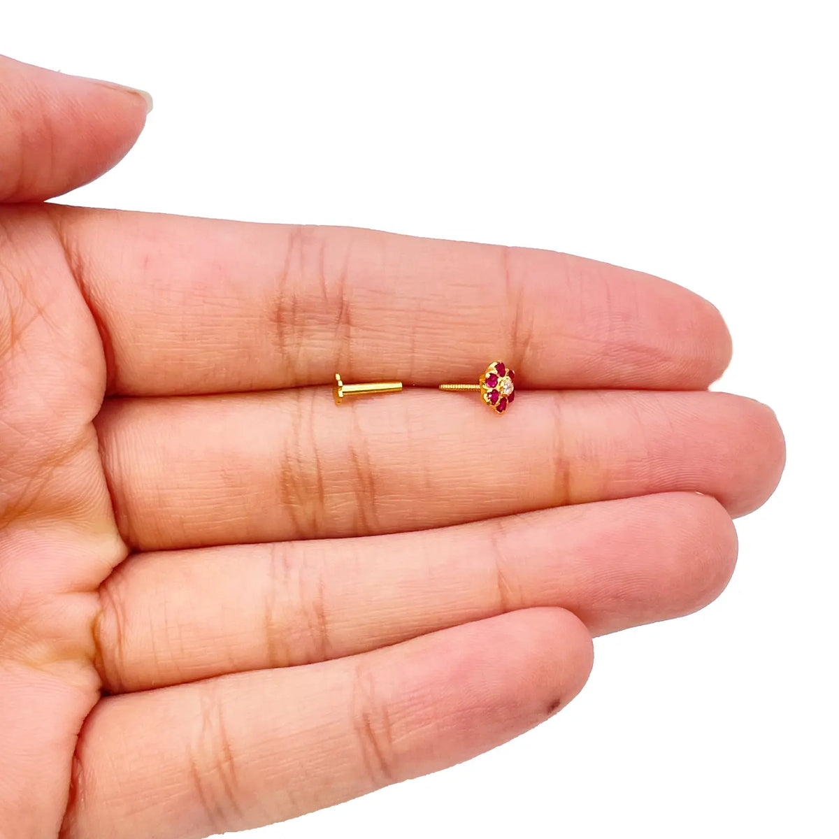 22ct Yellow Gold Cubic Zirconia Floral Red Stone Nose Pin/Stud 4mm Width 