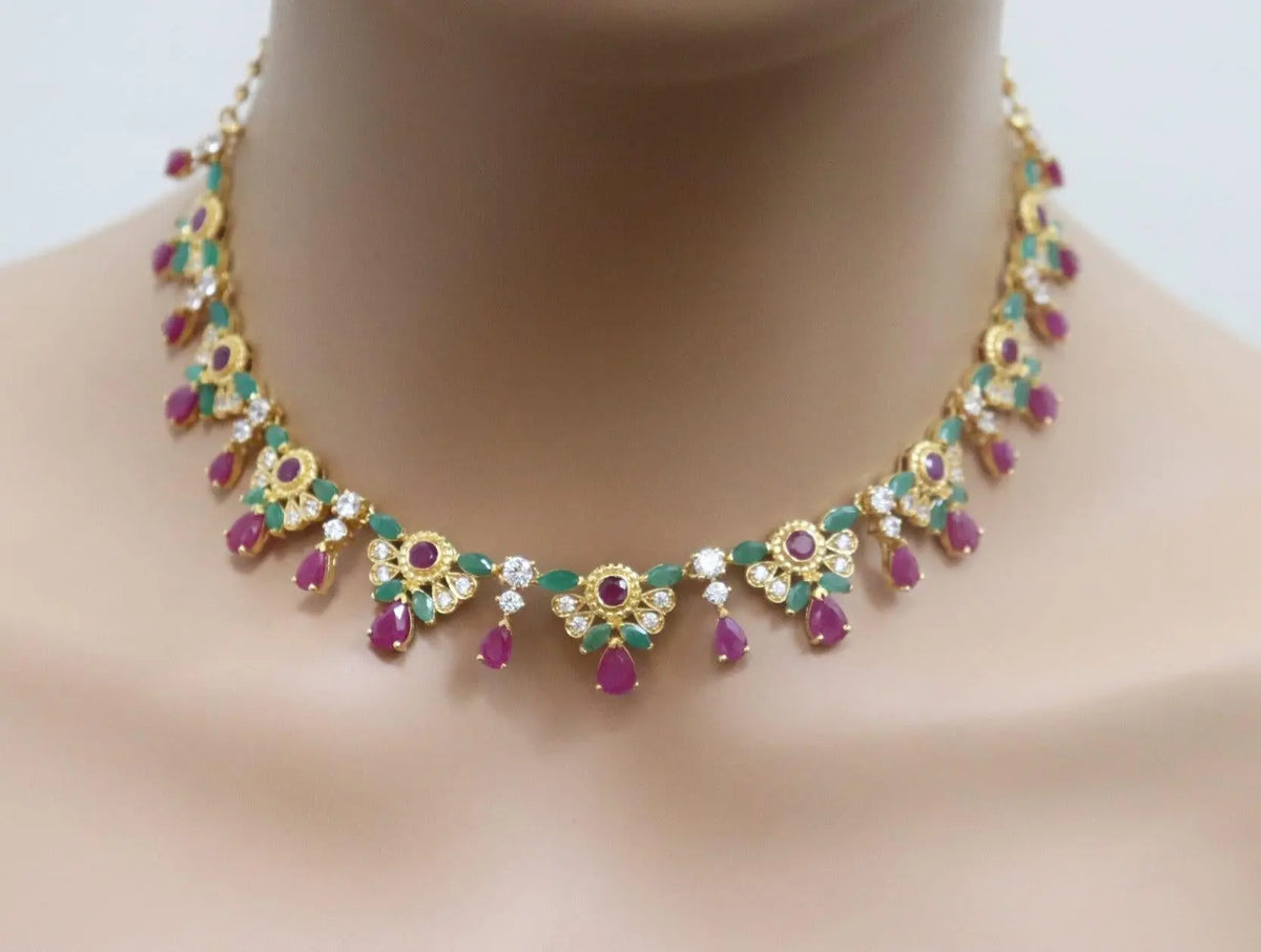 22ct Yellow Gold Cubic Zirconia, Ruby & Emerald 16 inch Necklace & Earrings Set 