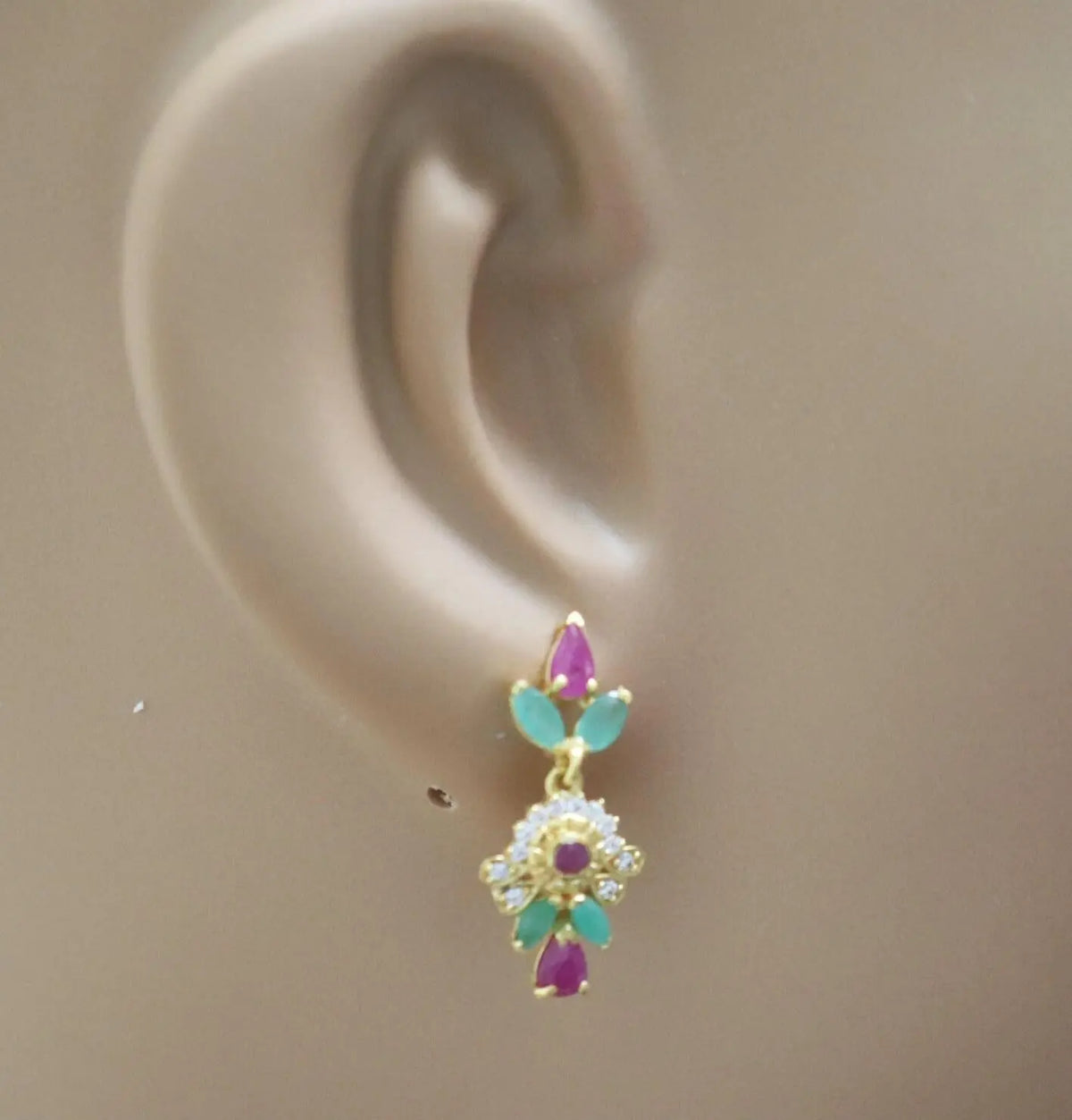 22ct Yellow Gold Cubic Zirconia, Ruby & Emerald 16 inch Necklace & Earrings Set 