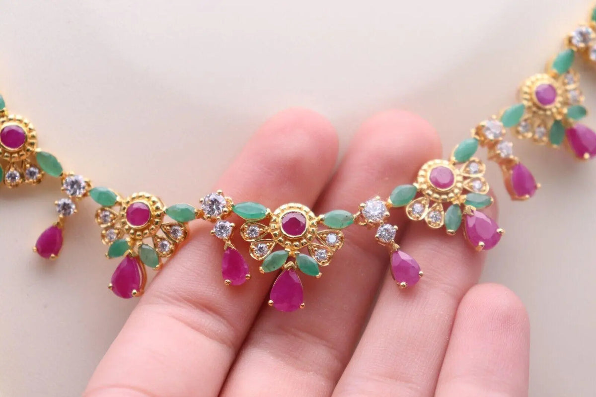 22ct Yellow Gold Cubic Zirconia, Ruby & Emerald 16 inch Necklace & Earrings Set 