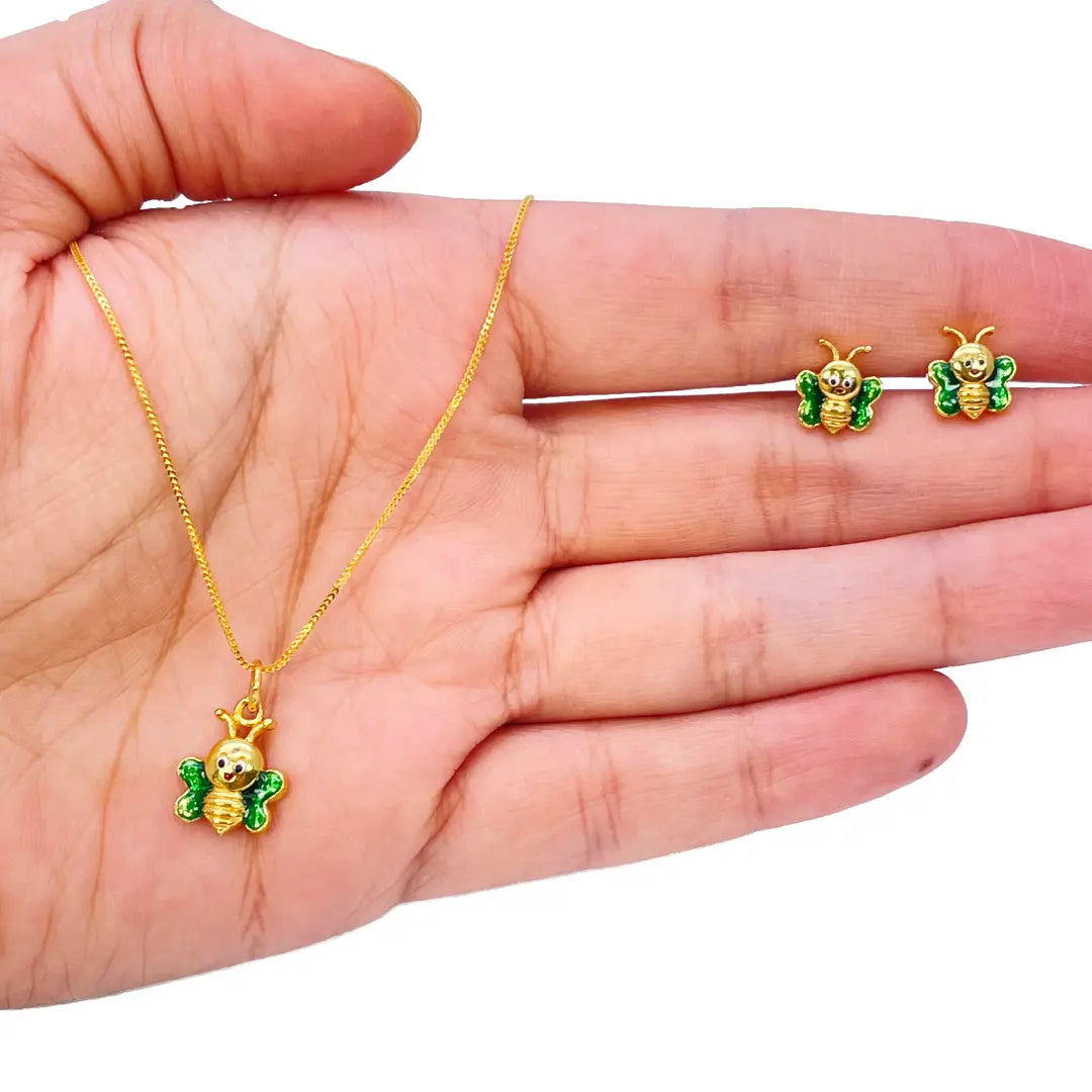 22ct Yellow Gold Cute Children's Butterfly Pendant, Necklace and Earrings Set 16 inches 