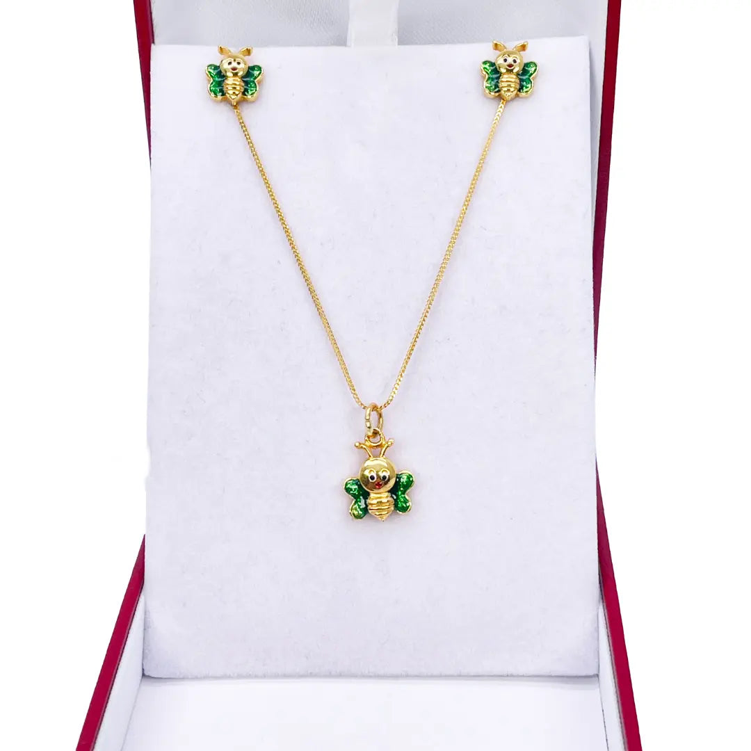 22ct Yellow Gold Cute Children's Butterfly Pendant, Necklace and Earrings Set 16 inches 