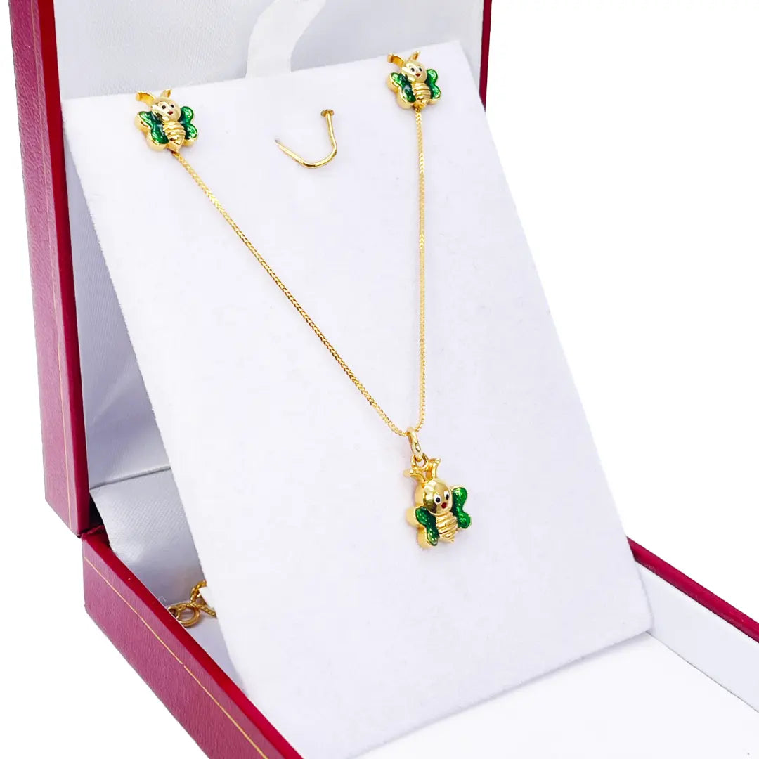 22ct Yellow Gold Cute Children's Butterfly Pendant, Necklace and Earrings Set 16 inches 