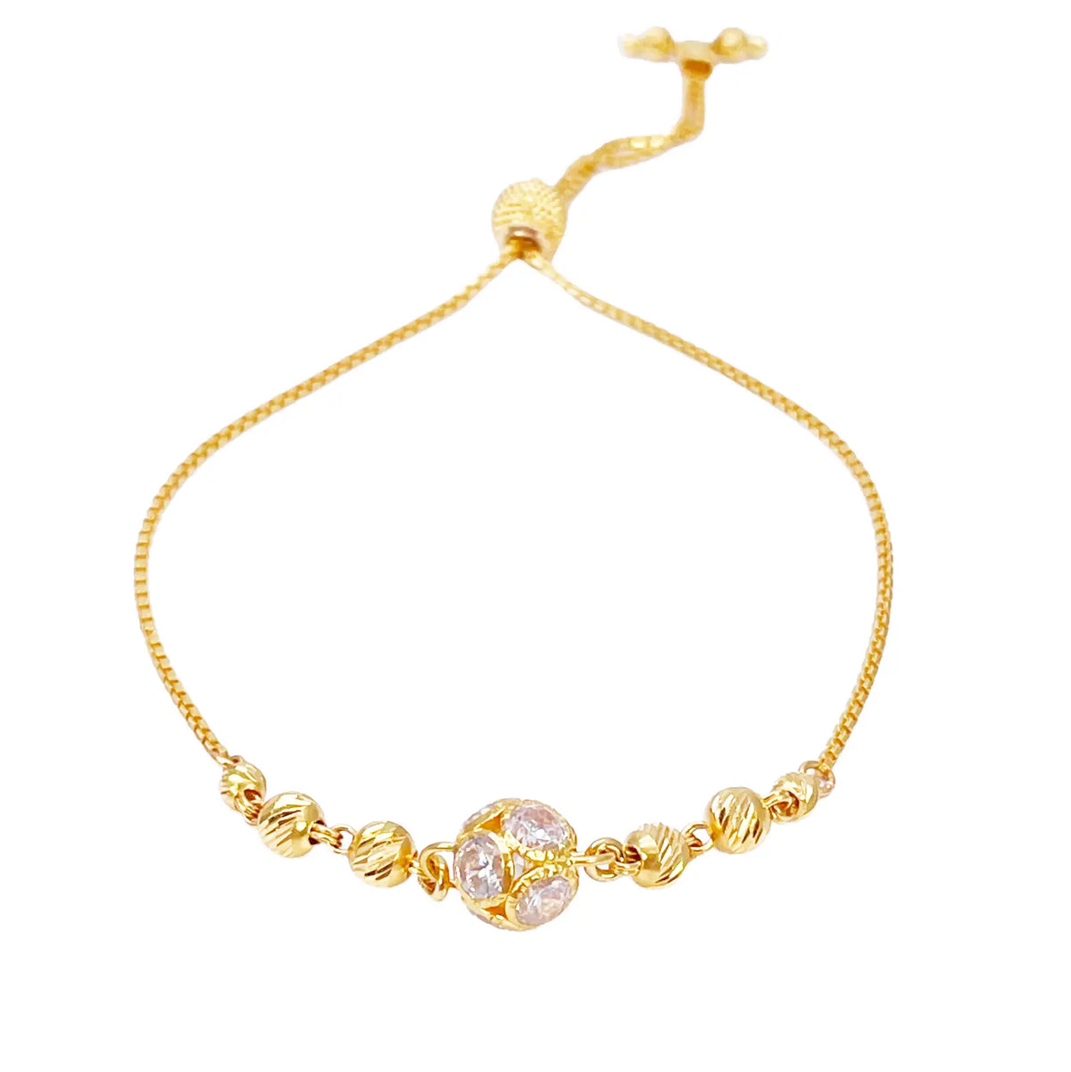 22ct Yellow Gold Diamond Cut Beaded Cubic Zirconia Drawstring Bolo Bracelet 