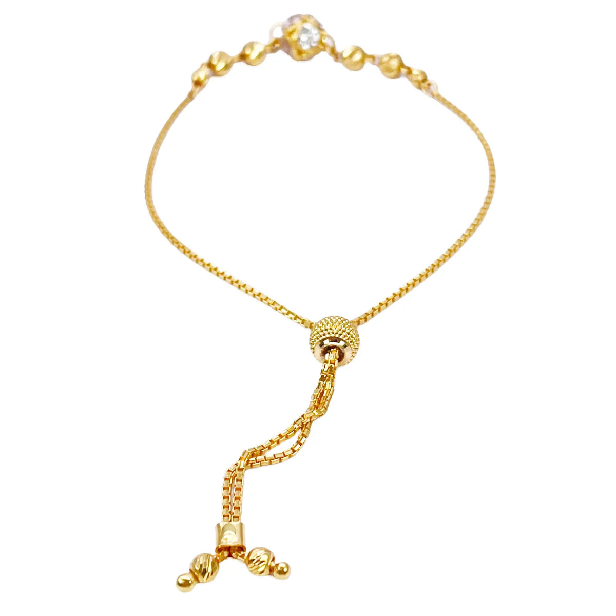 22ct Yellow Gold Diamond Cut Beaded Cubic Zirconia Drawstring Bolo Bracelet 