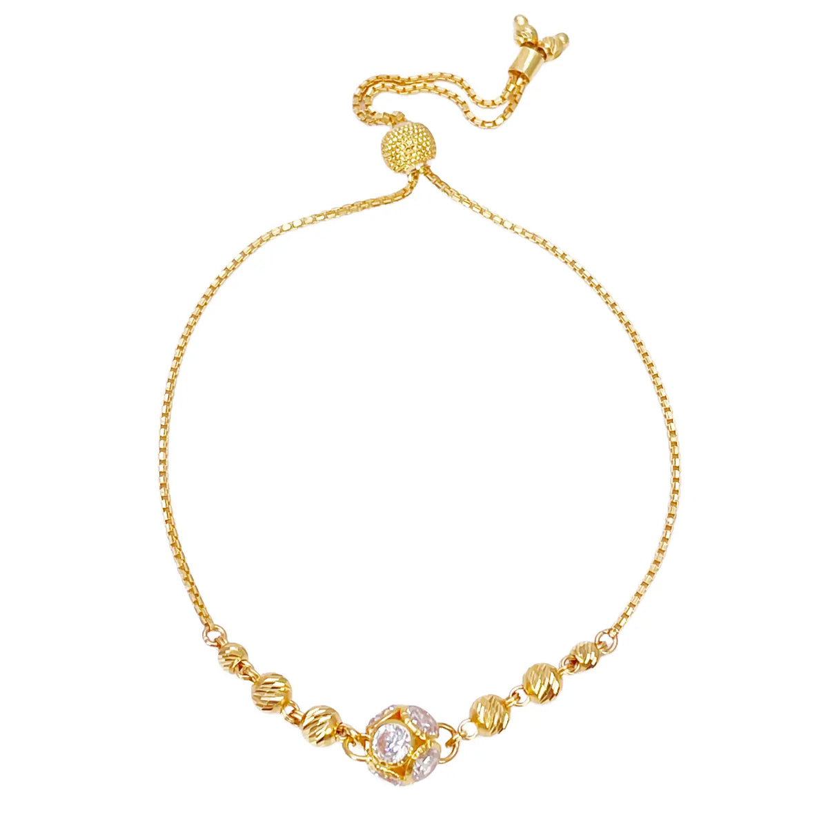 22ct Yellow Gold Diamond Cut Beaded Cubic Zirconia Drawstring Bolo Bracelet 