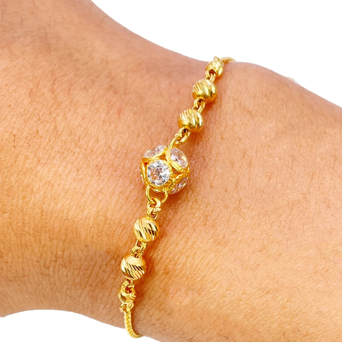 22ct Yellow Gold Diamond Cut Beaded Cubic Zirconia Drawstring Bolo Bracelet 