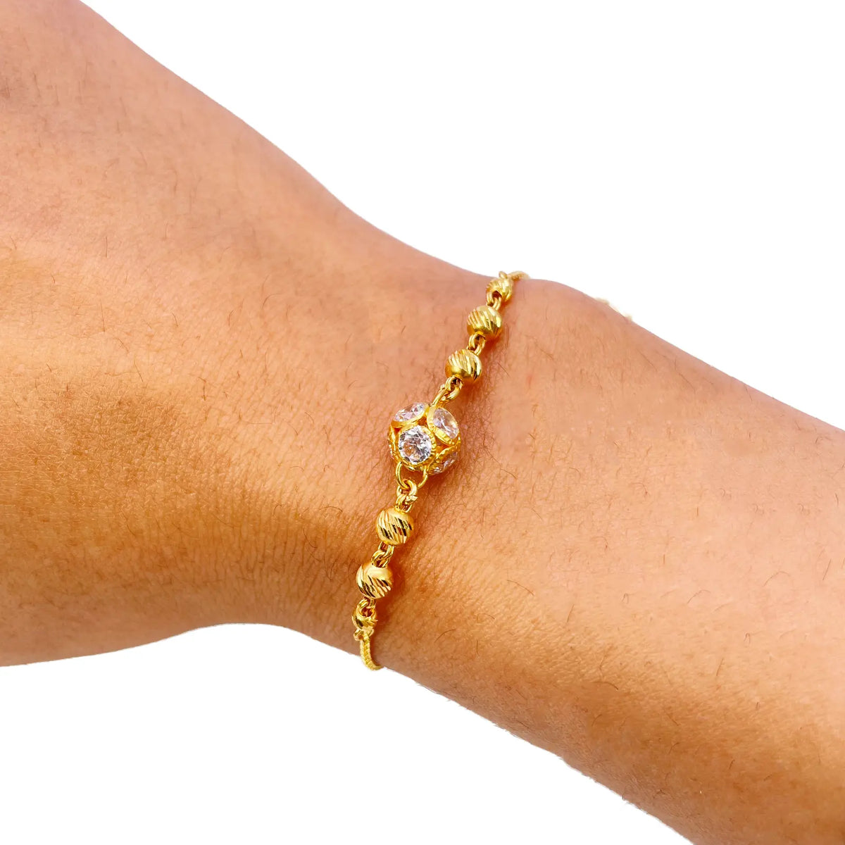 22ct Yellow Gold Diamond Cut Beaded Cubic Zirconia Drawstring Bolo Bracelet 