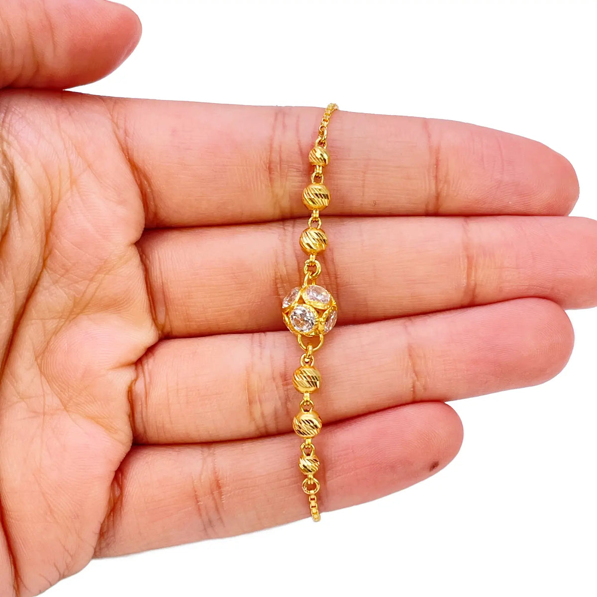 22ct Yellow Gold Diamond Cut Beaded Cubic Zirconia Drawstring Bolo Bracelet 