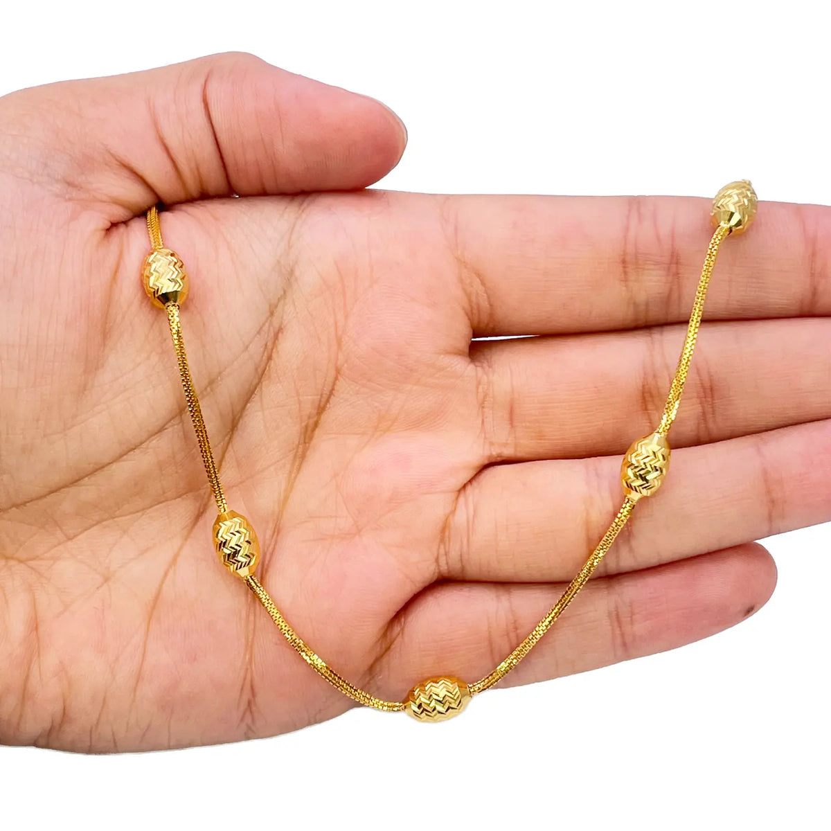 22ct Yellow Gold Diamond Cut Beaded Slip-On Necklace & Matching Drop Earrings 